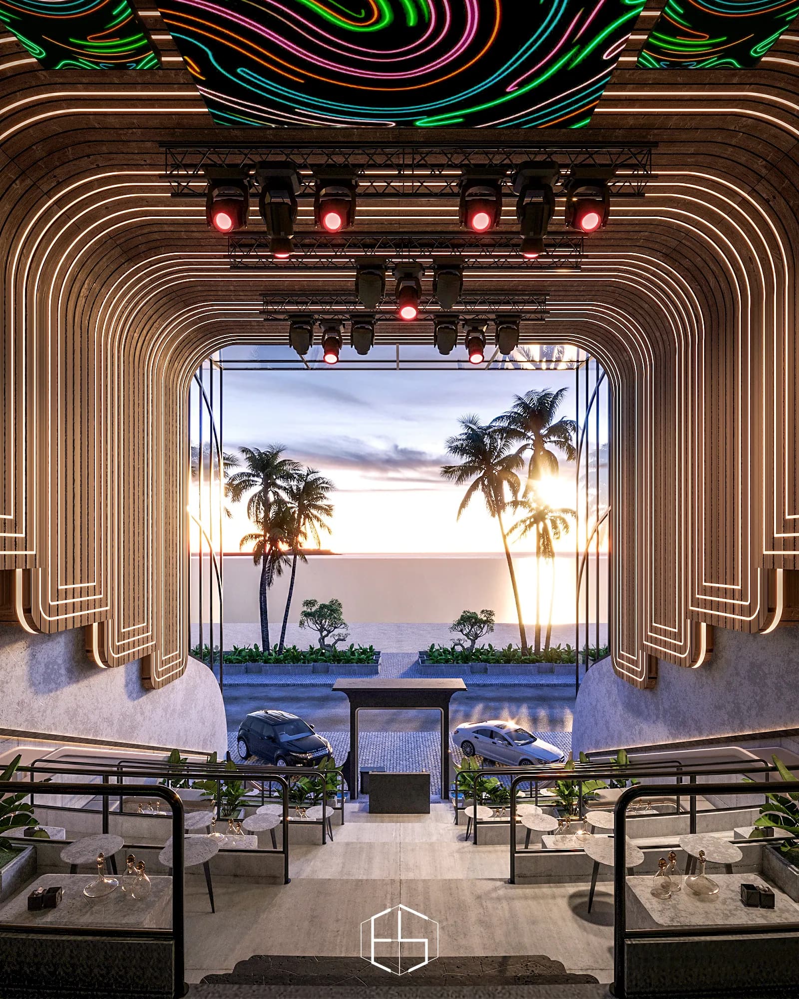 3D render of the club space, Beach Club Dragon — hospitality venue design visualization by ePrivilege Studio (view 1)