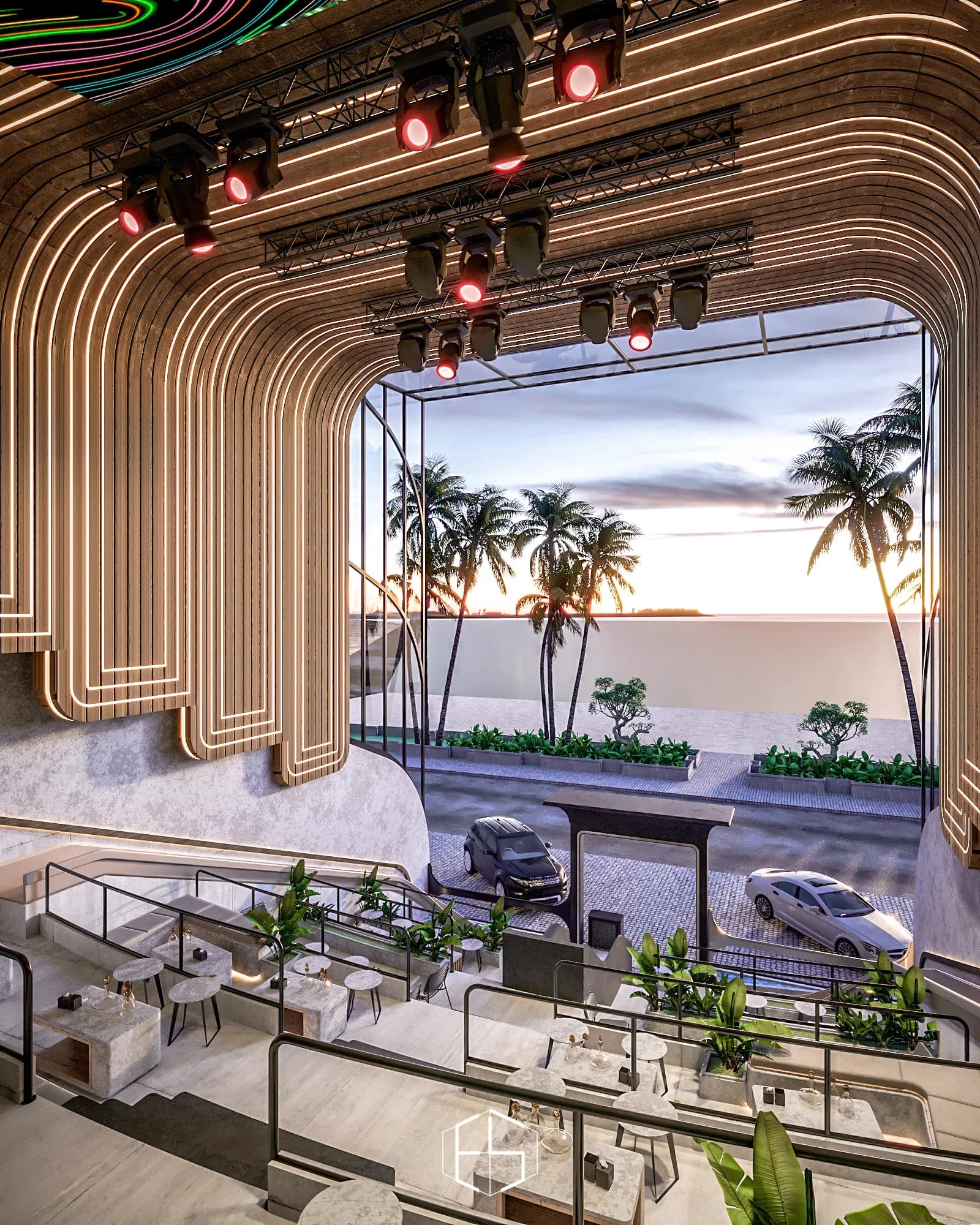 Beach Club Dragon: Tiered seating opening toward the outdoor view.