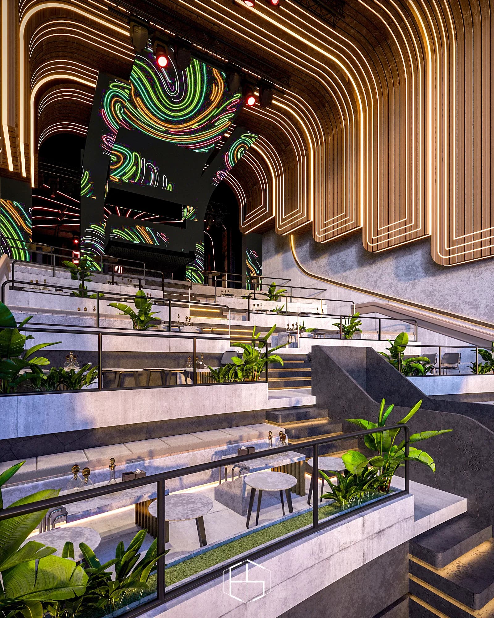 Beach Club Dragon: Curved overhead elements above planted seating tiers.