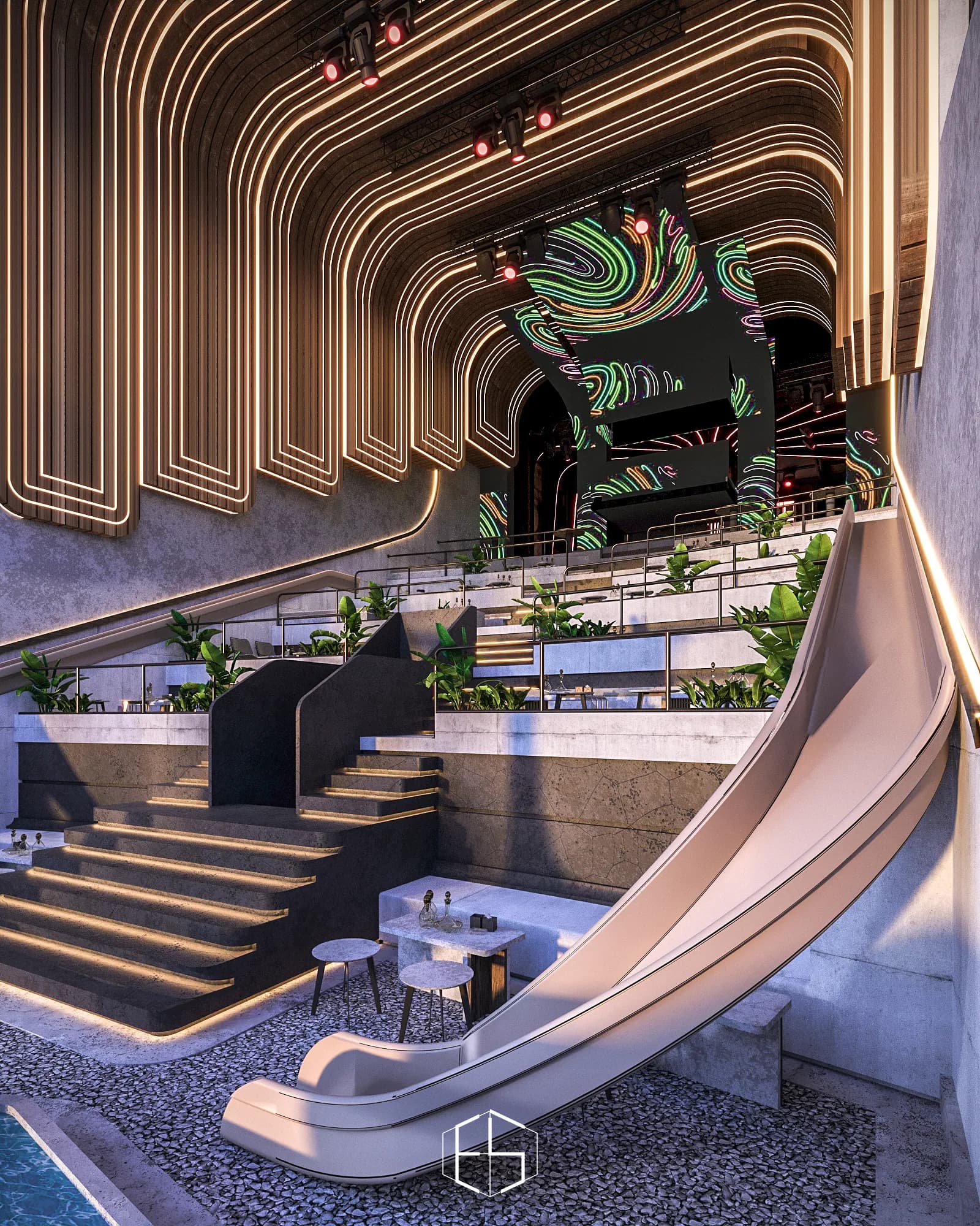 3D render of the club space, Beach Club Dragon — hospitality venue design visualization by ePrivilege Studio (view 5)