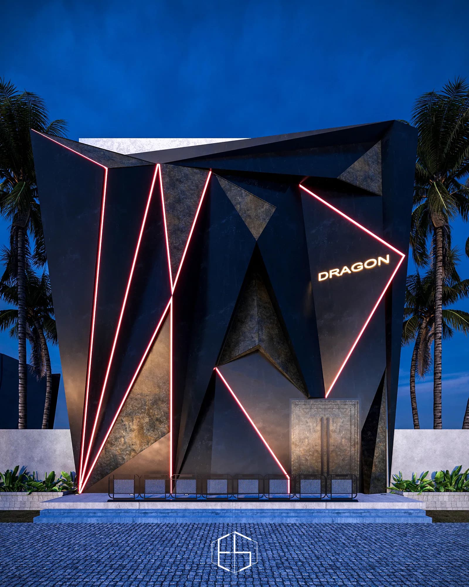 Beach Club Dragon: An angular exterior composition shown at dusk.