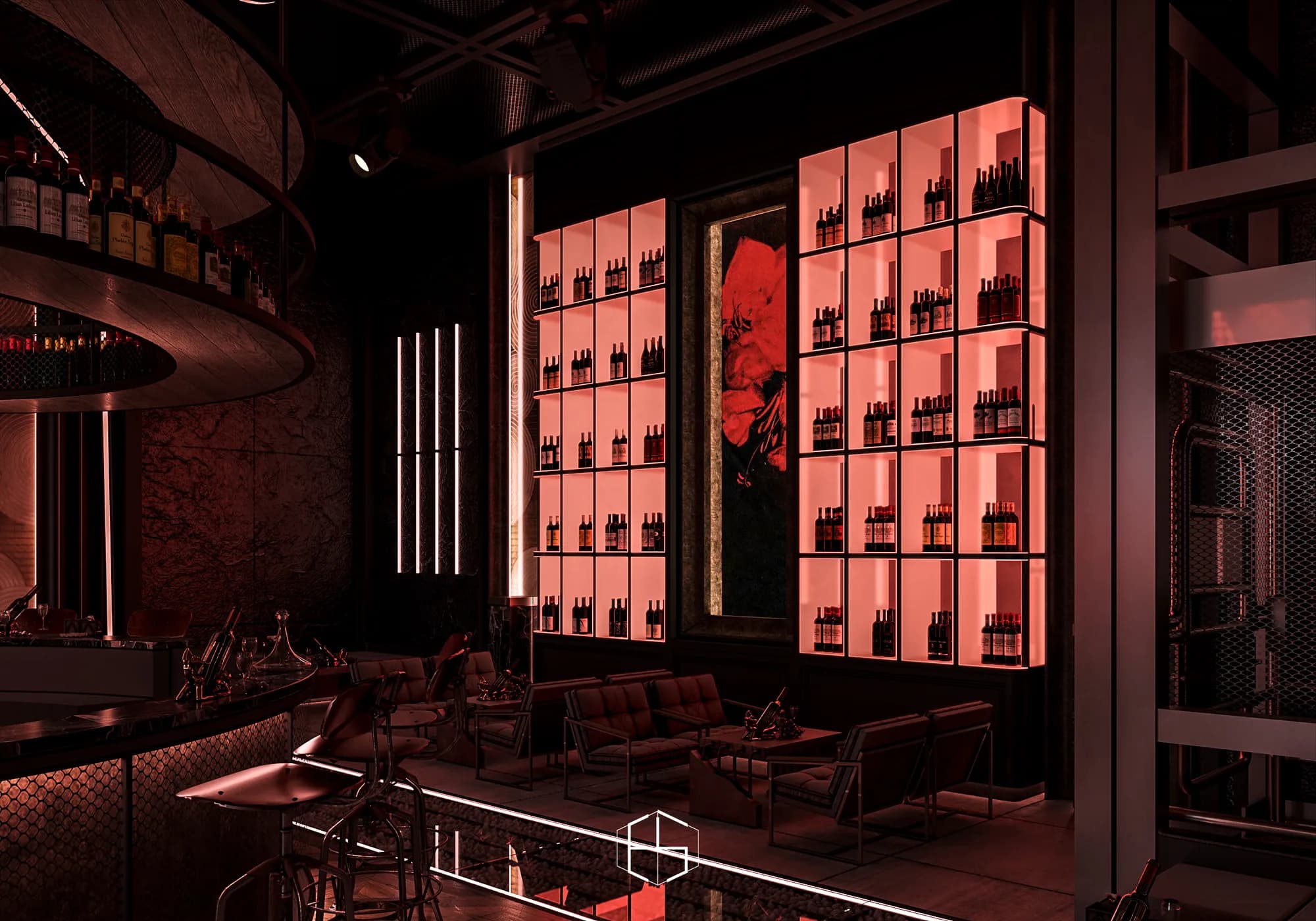 Beach Club Dragon: A seating area beside illuminated display shelves.