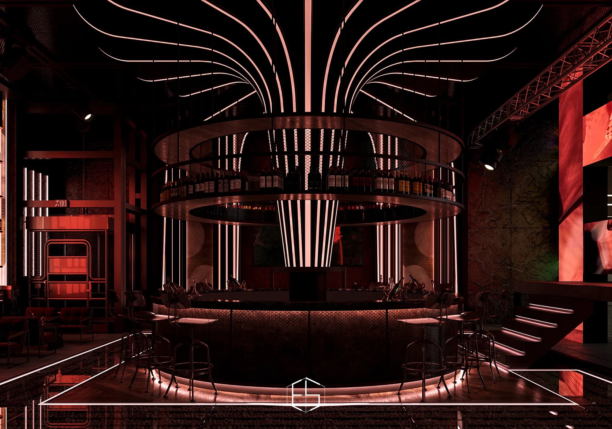 Beach Club Dragon: The main interior with red lighting and curved ceiling lines.