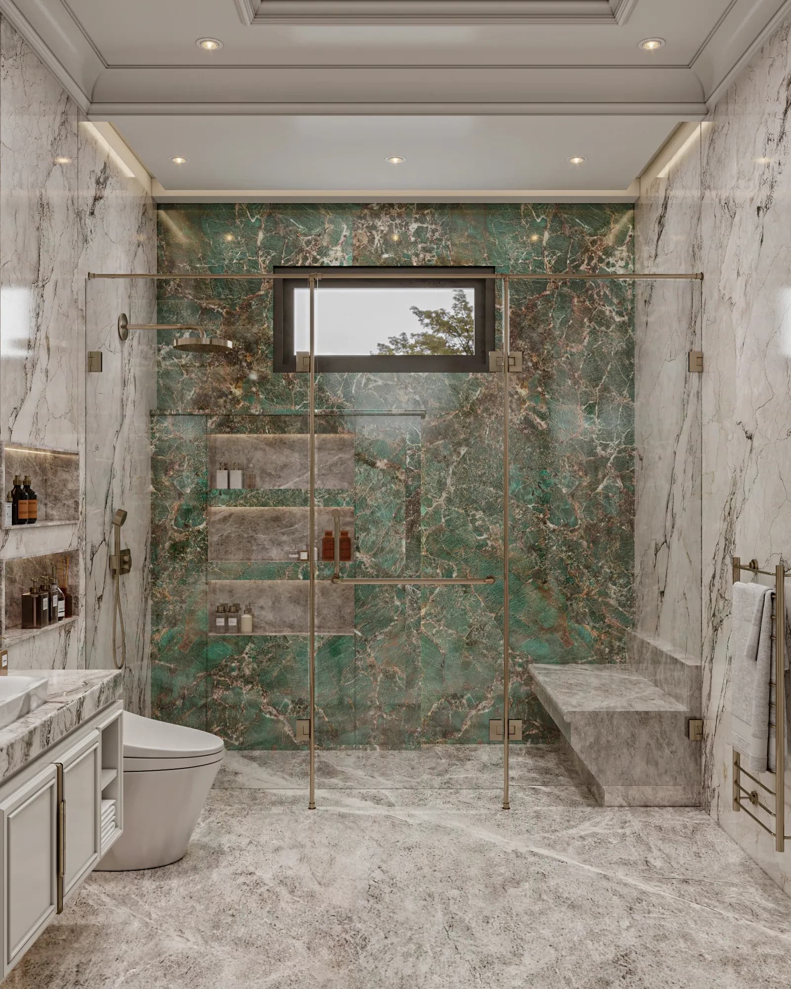 Family Residence: A high window breaks up the green veined shower wall, with three recessed shelves and a built-in bench behind the glass enclosure.