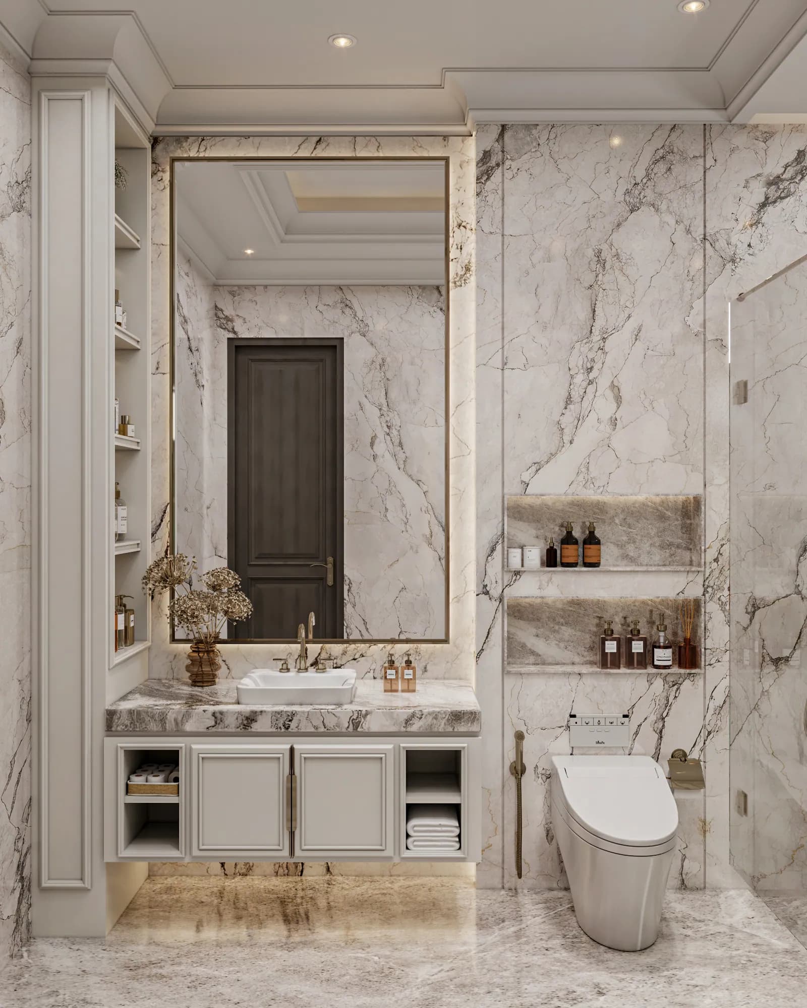 Family Residence: A single basin sits above a floating vanity with open towel cubbies, beside a toilet and two illuminated wall niches.