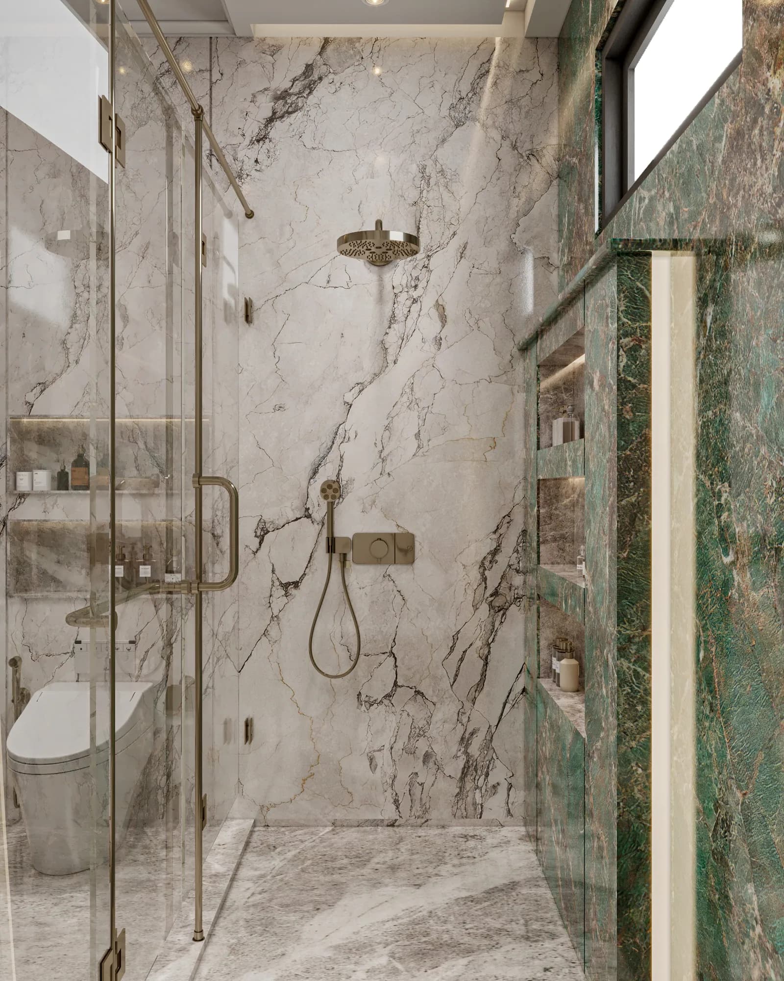 Family Residence: The glass shower enclosure reveals an overhead rain head against pale veined walls, with a high window and illuminated niches in the green side panel.