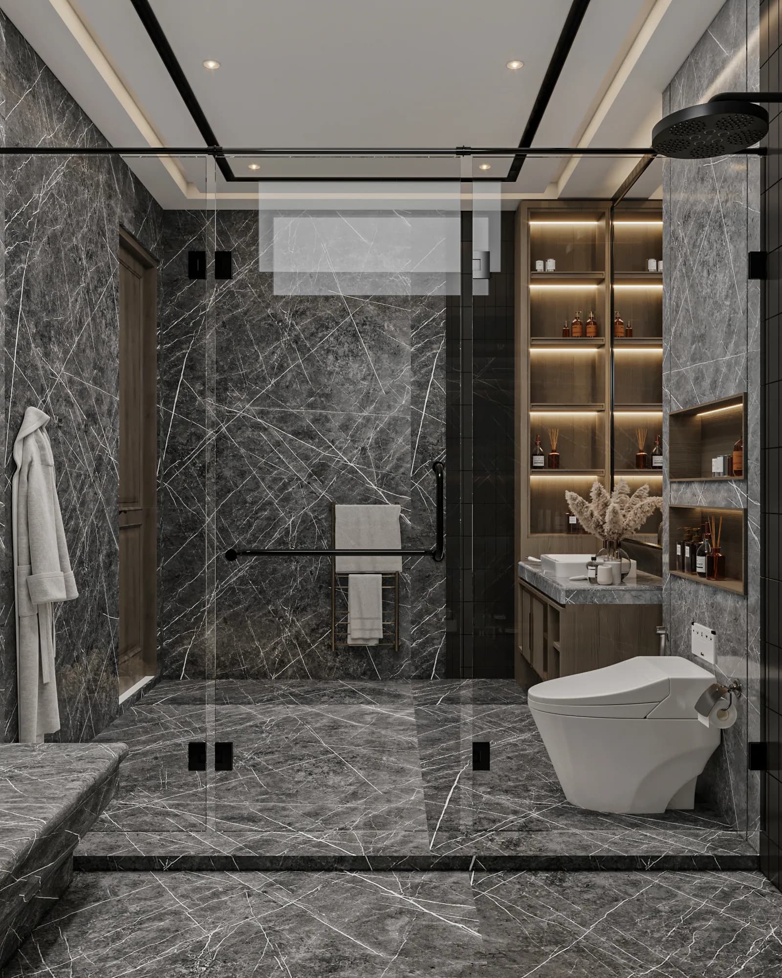 Family Residence: Viewed from inside the shower, glass panels separate the bench from the vanity and toilet, with illuminated shelving reflected in the bathroom mirror.