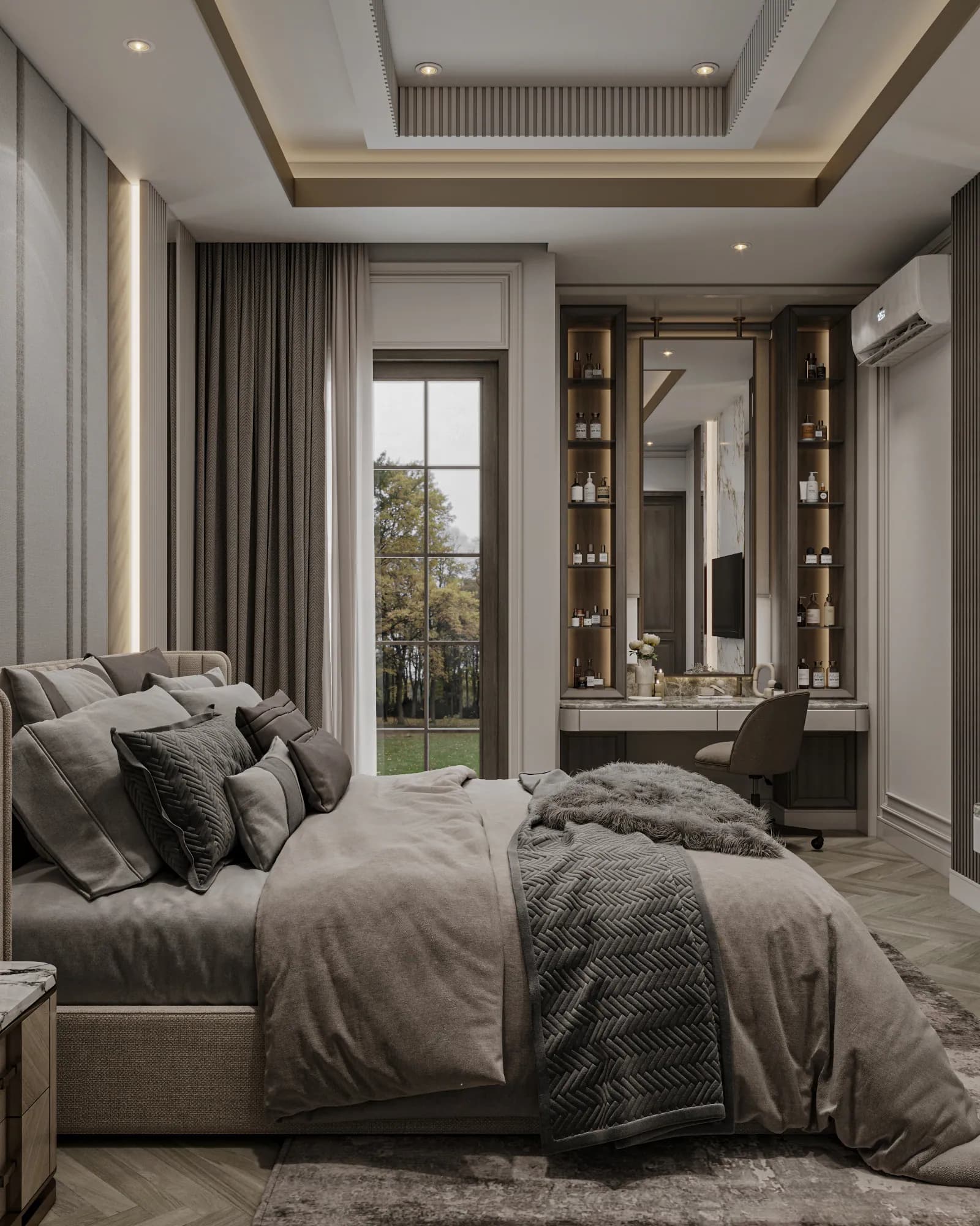 Family Residence: The bedroom places an upholstered bed beside a tall window and a recessed dressing table beneath a layered, softly lit ceiling.
