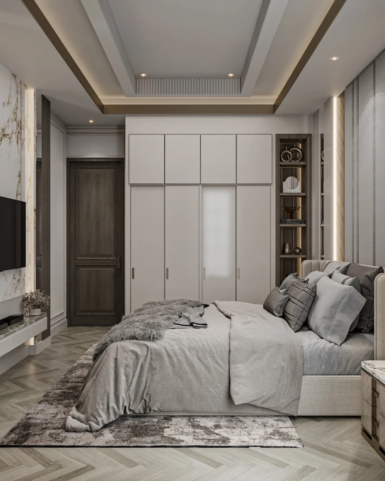 Family Residence: The bed faces a television wall beside a full-height wardrobe, with a clear aisle linking the doorway and bedside area.