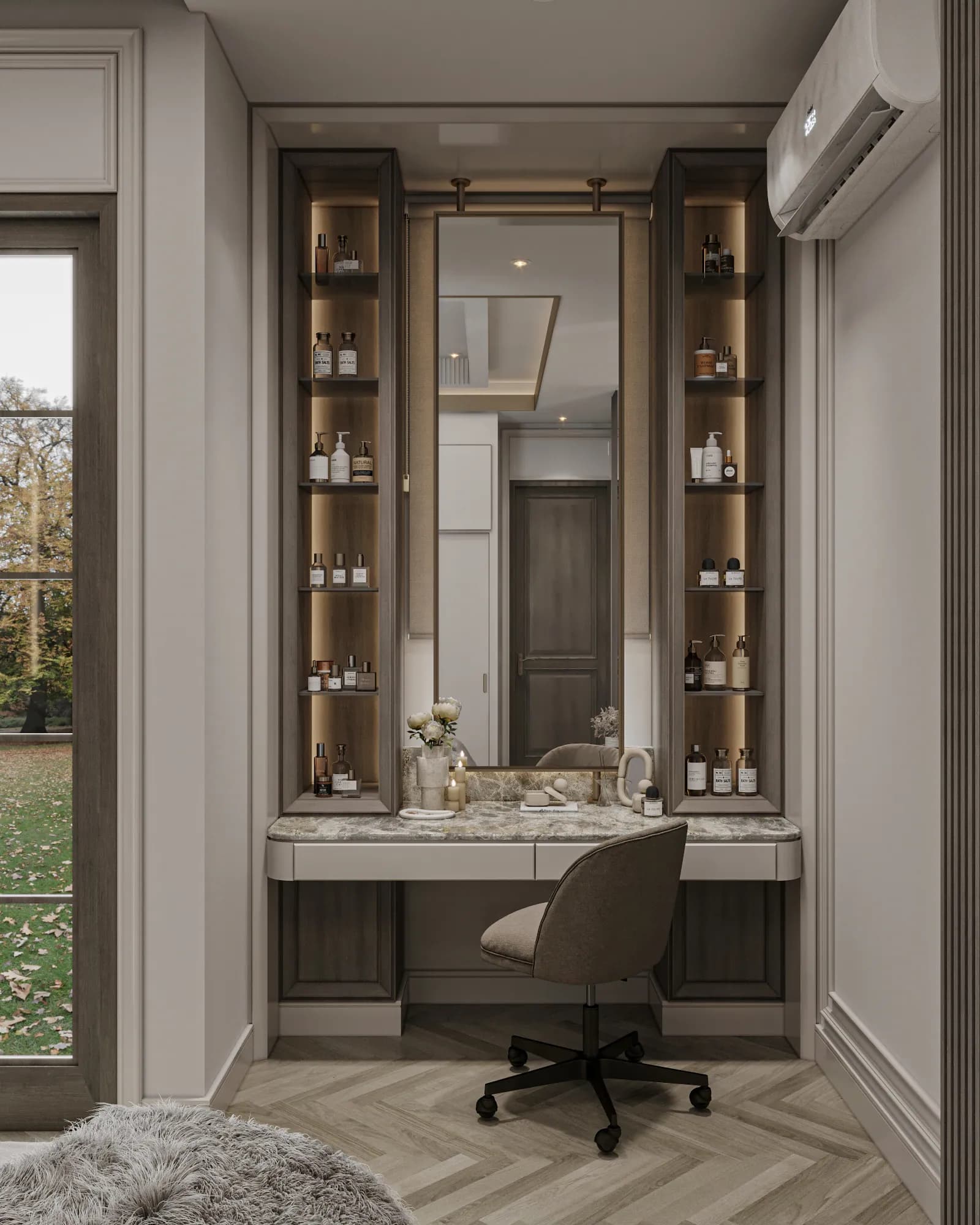 Family Residence: A floating dressing table sits between illuminated cosmetic shelves, with a tall mirror and a wheeled chair beside the window.