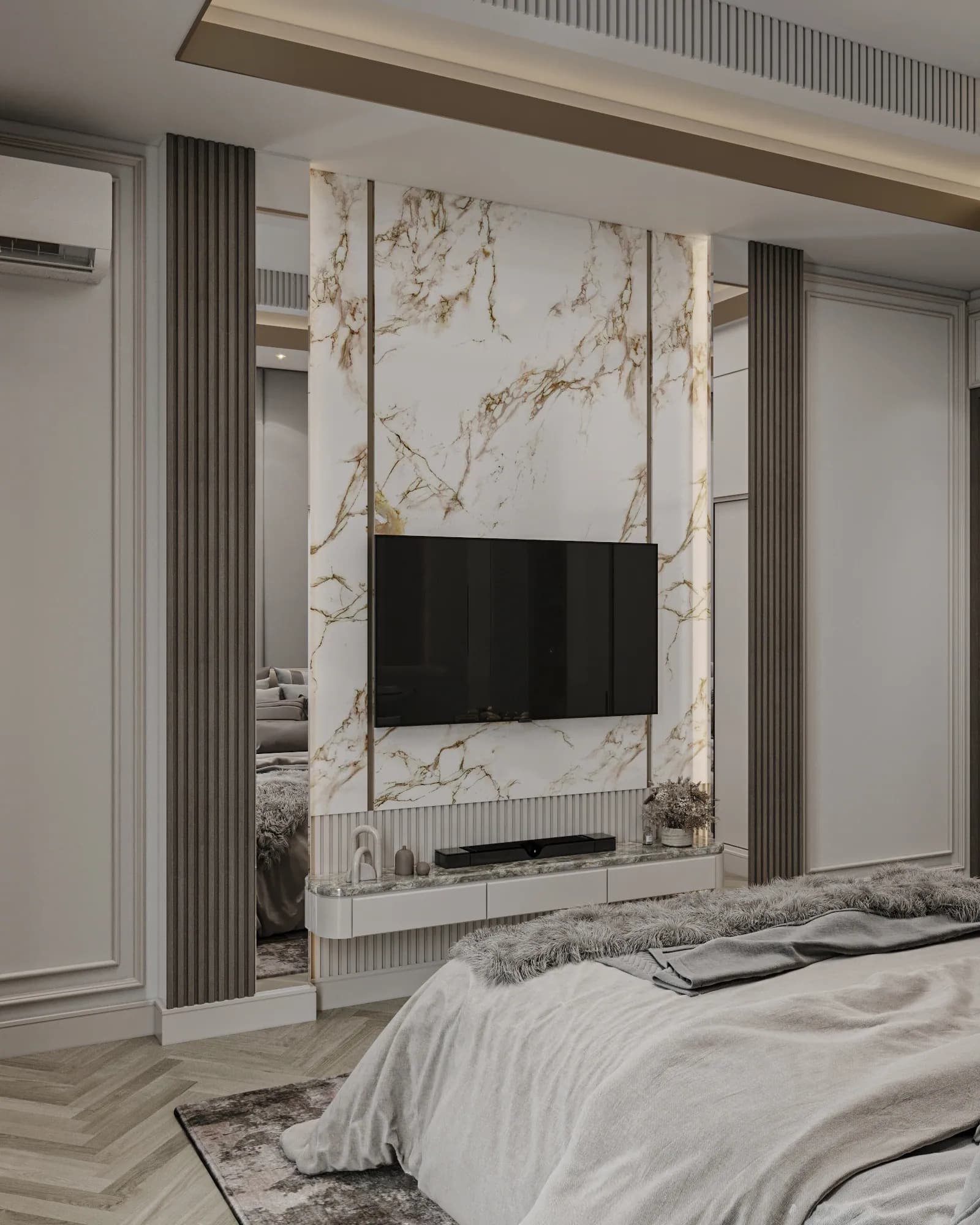 Family Residence: The television wall combines pale gold-veined panels, mirror strips and dark vertical fluting above a curved floating console.
