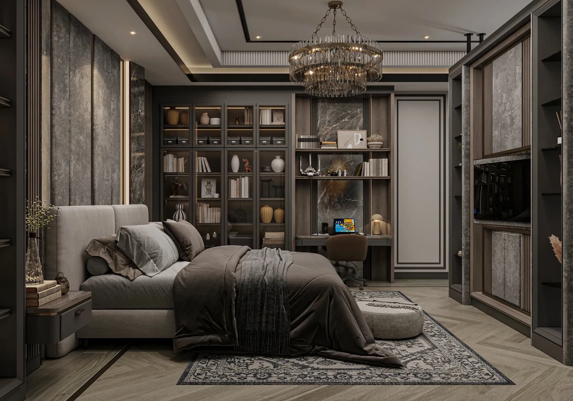 Family Residence: The bedroom combines a bed, study desk and illuminated book cabinets, with a central television divider and a tiered circular chandelier.