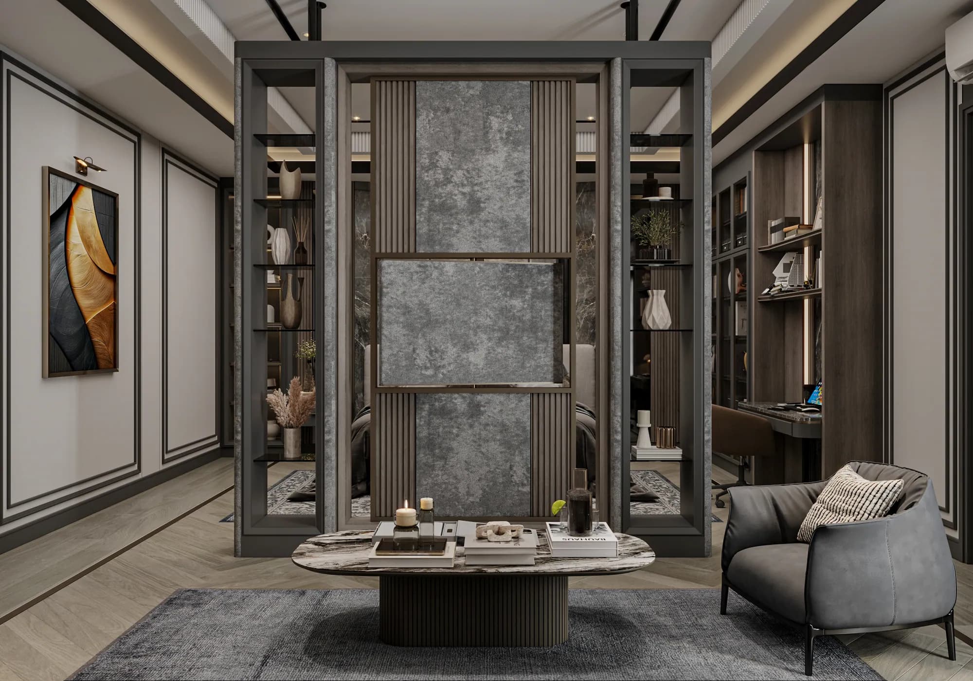 Family Residence: An open-sided display divider separates the bed from a sitting area, with a veined coffee table and an upholstered armchair.