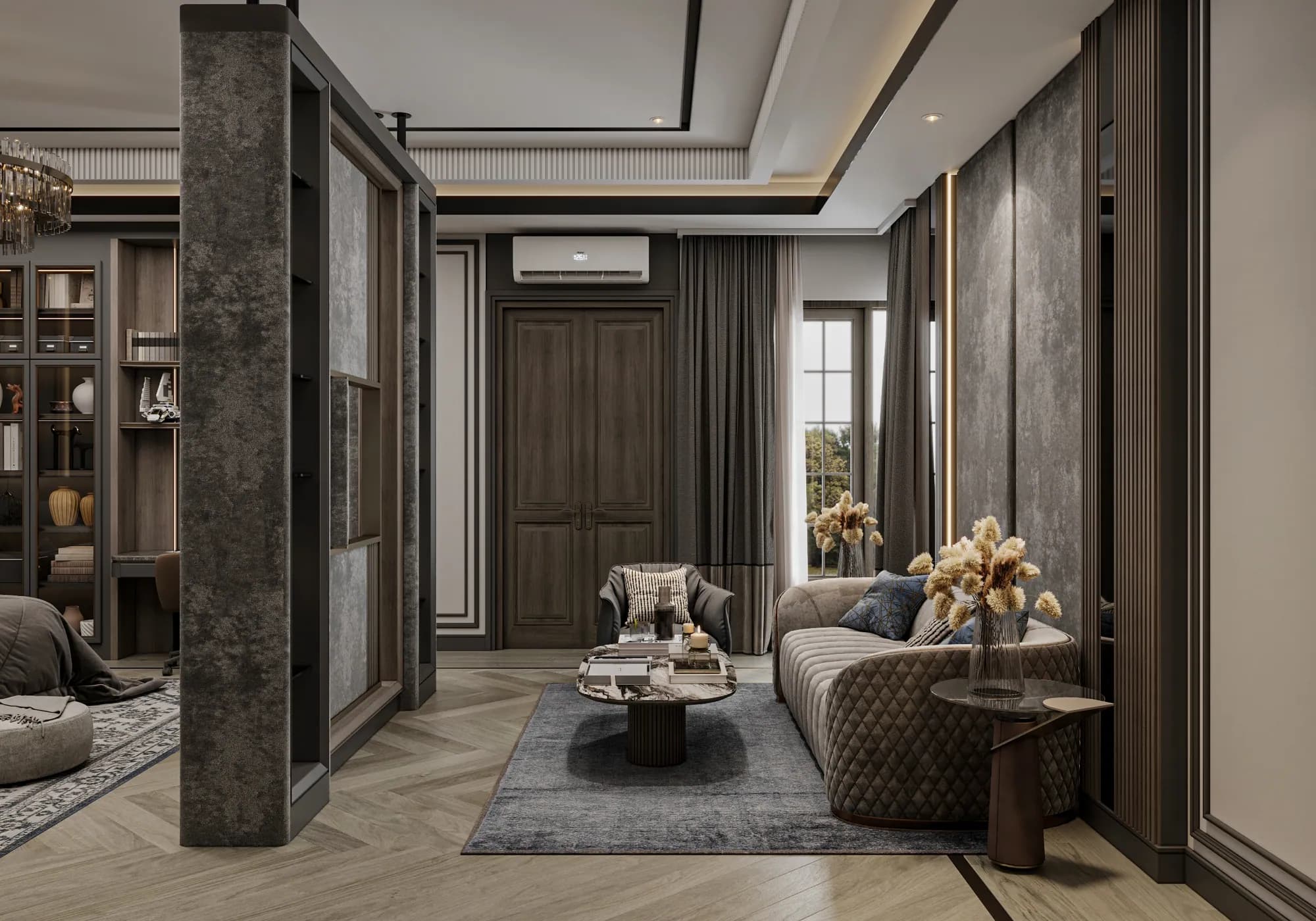 Family Residence: A side view shows the bedroom sitting area beside the central divider, with circulation continuing toward the double doors.