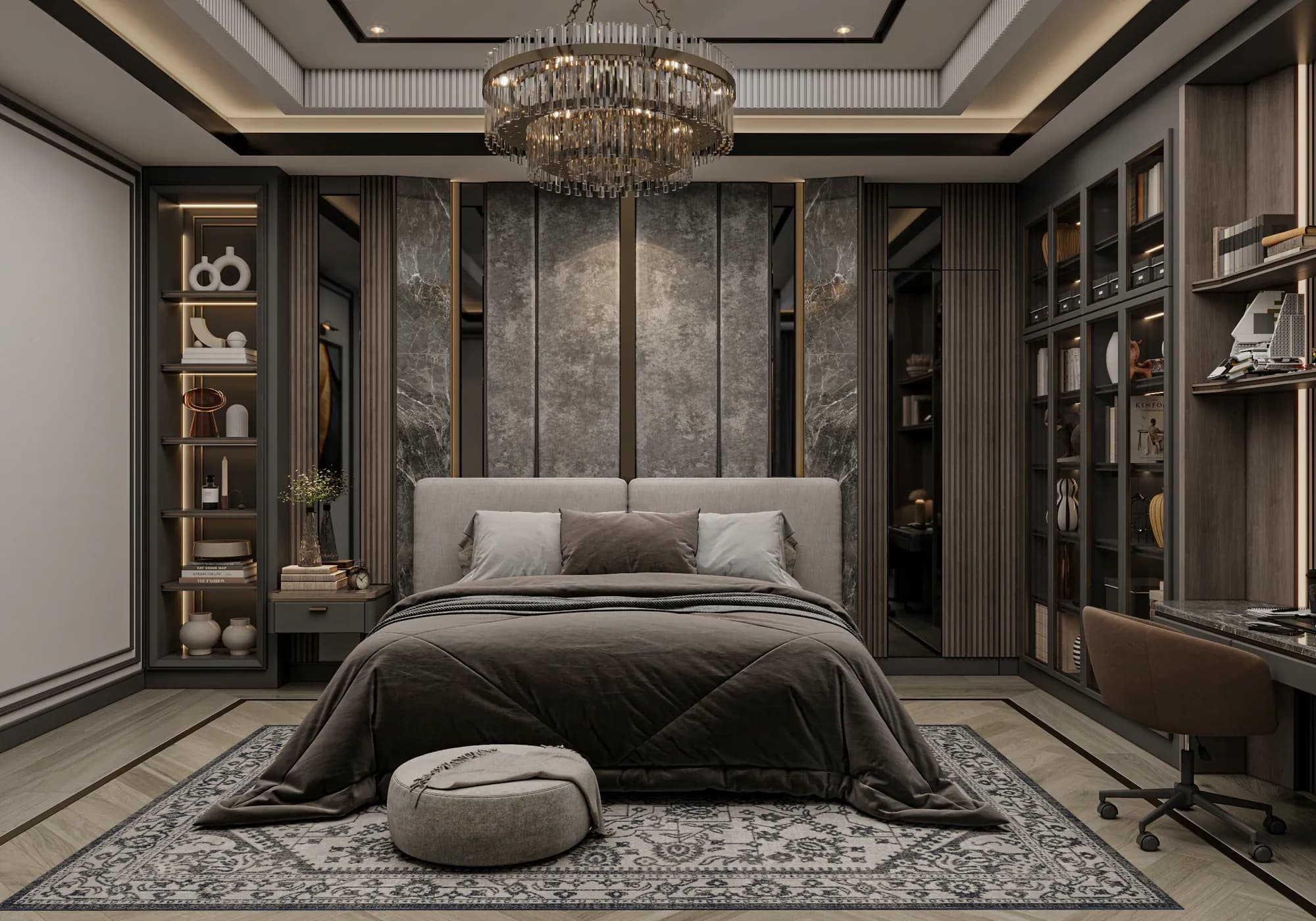 Family Residence: A padded headboard sits against dark textured and veined wall panels, flanked by illuminated shelving and a built-in study desk.