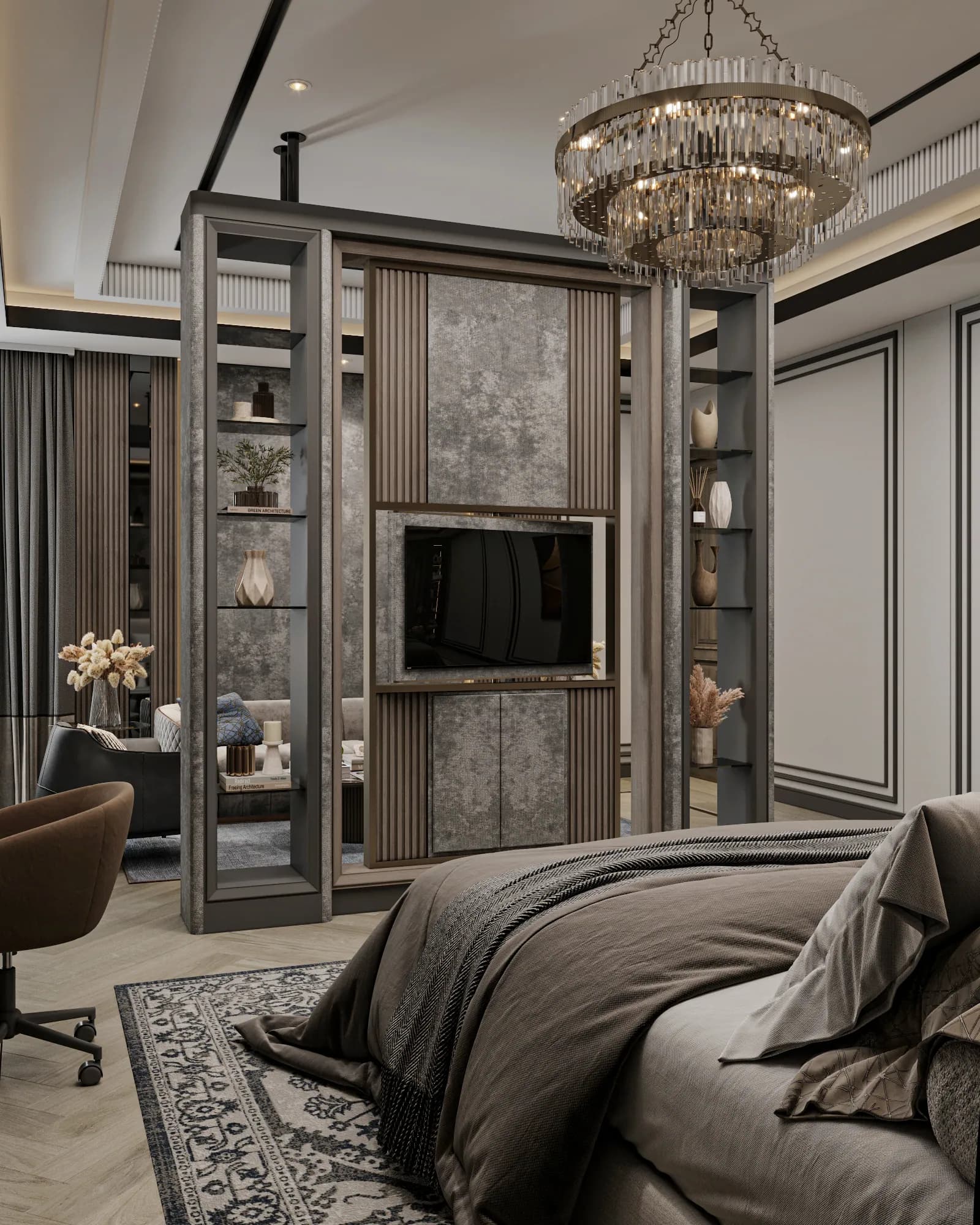Family Residence: The television divider faces the bed while open shelves on both sides retain glimpses of the sitting area beyond.