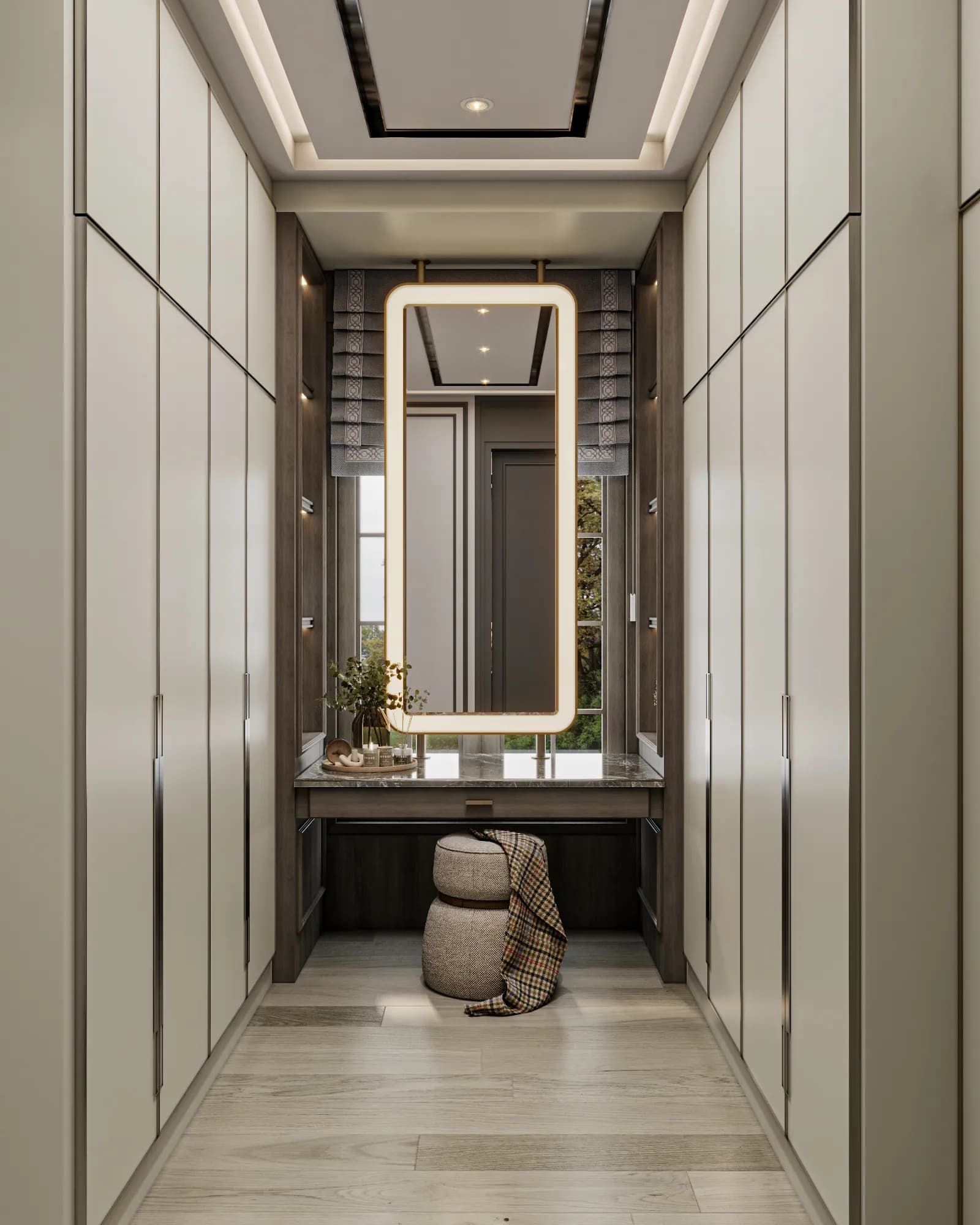 Family Residence: Parallel pale wardrobes lead to a dressing table with an illuminated rounded mirror, open side shelves and a cylindrical stool.