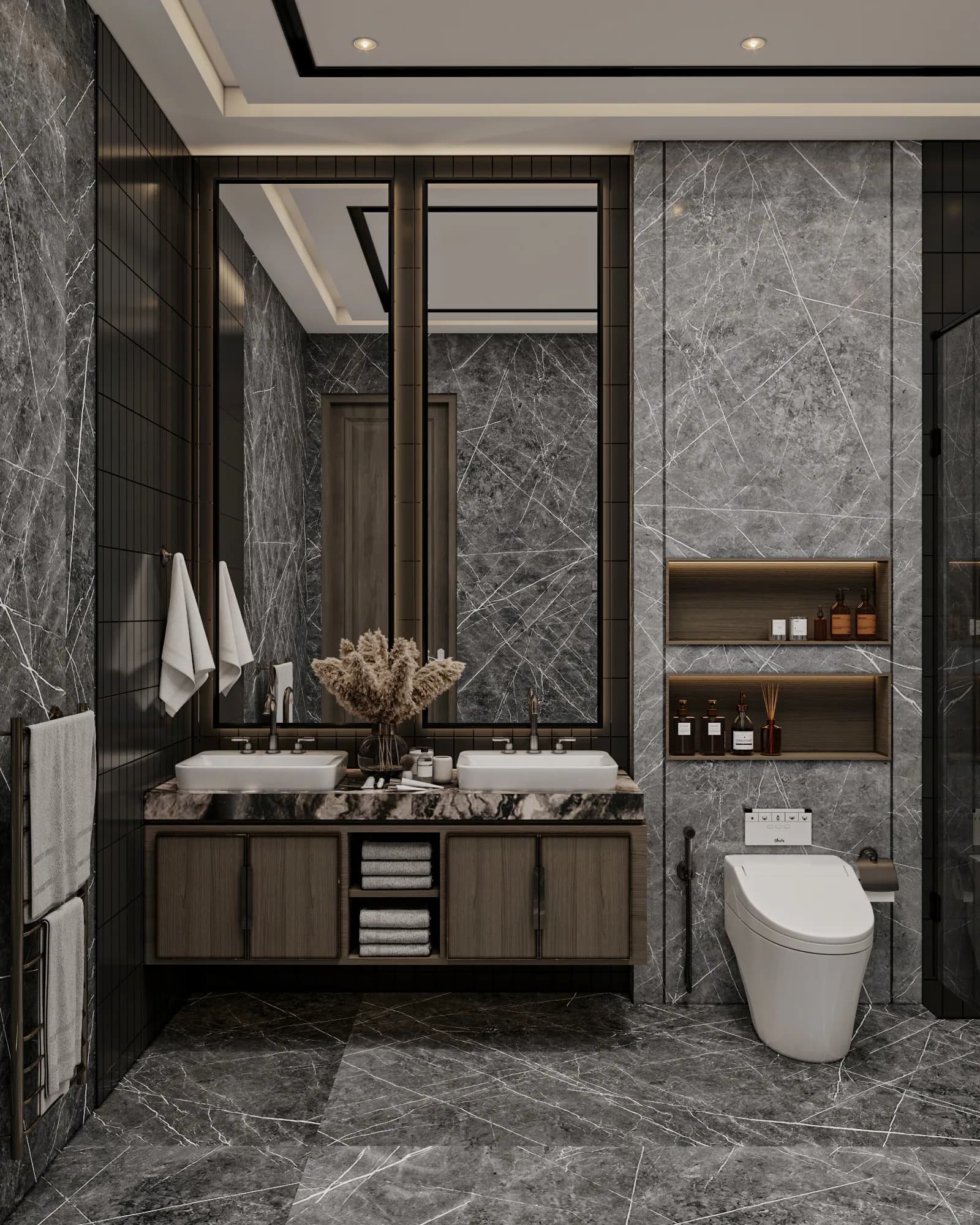 Family Residence: Twin vessel basins and tall mirrors sit above a floating vanity with central towel storage, beside illuminated niches over the toilet.