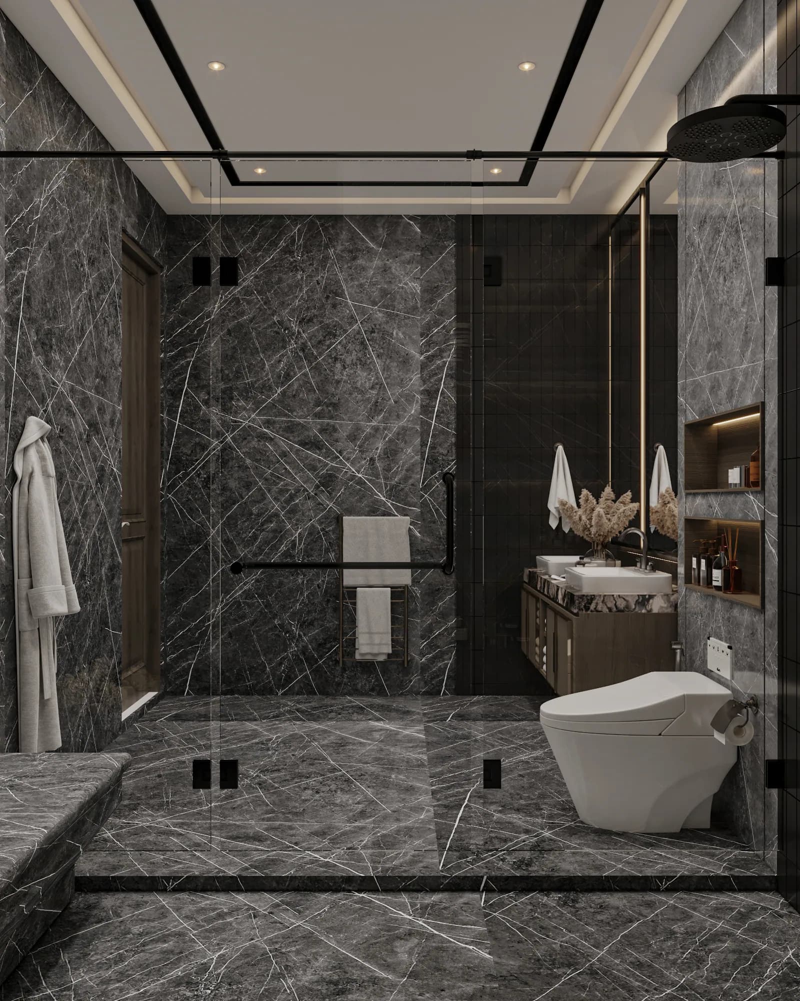 Family Residence: From inside the shower, clear glass reveals the double-basin vanity and toilet, with a dark handle and veined floor continuing across the room.