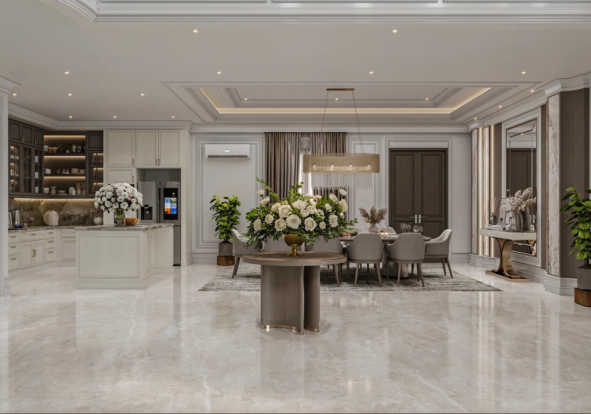 Family Residence: The open dining and kitchen area places a round floral display table between the kitchen island and a mirrored wall console.