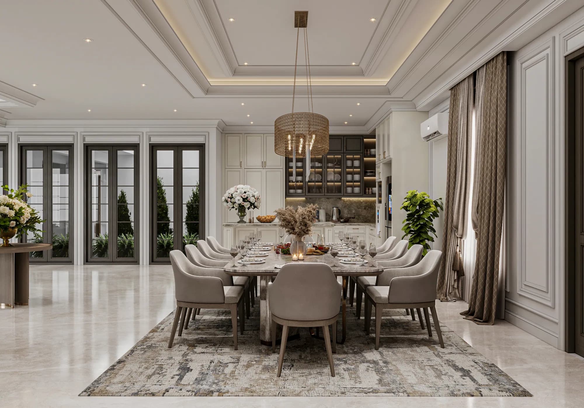 Family Residence: A long dining table and upholstered chairs sit beneath a drum pendant, with the kitchen beyond and tall glazed doors alongside.