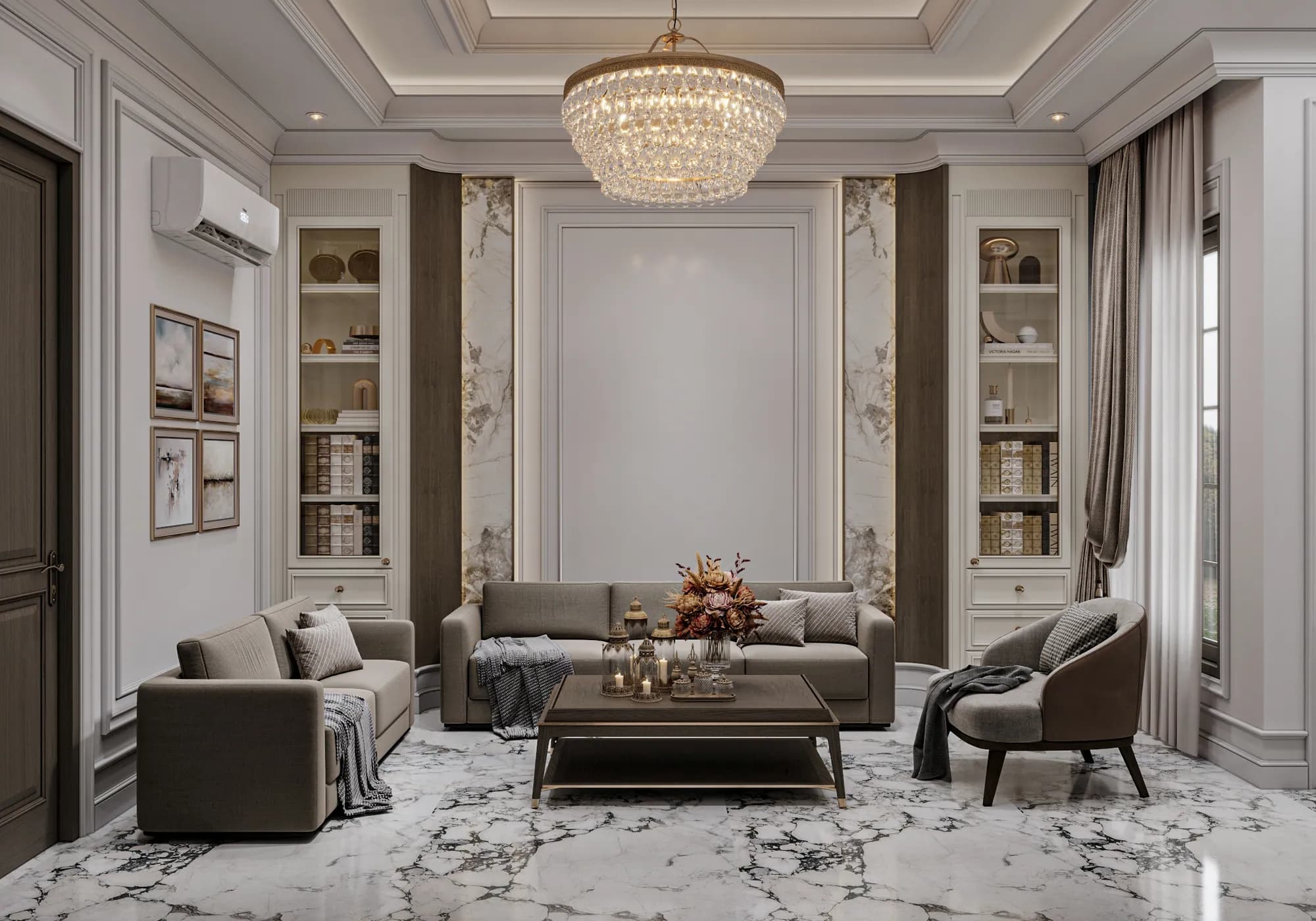 Family Residence: Two sofas and an armchair surround a rectangular coffee table in a sitting room framed by display cabinets and pale wall mouldings.