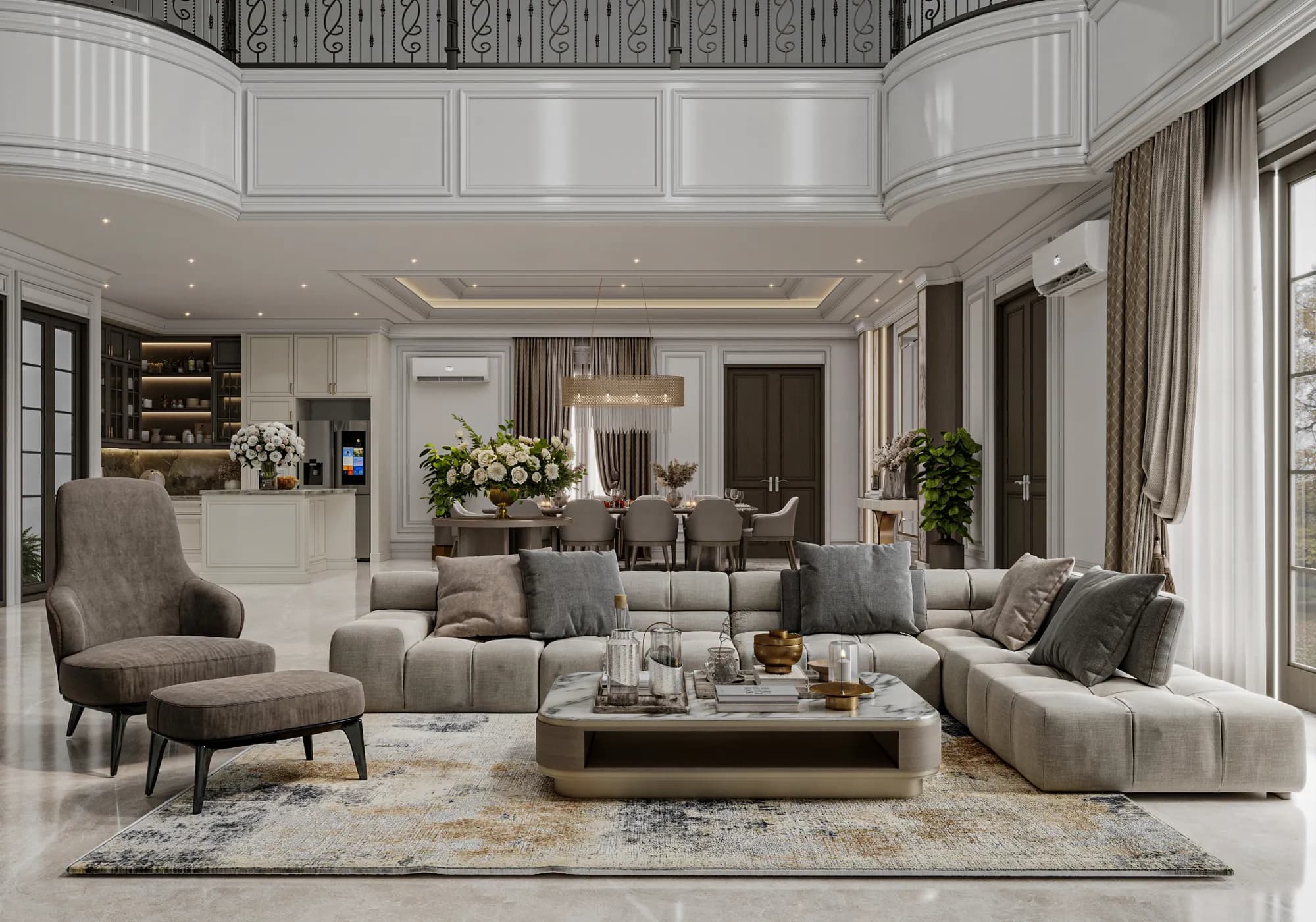 Family Residence: A modular corner sofa, high-back armchair and footstool form the main seating group beneath the upper-floor gallery railing.