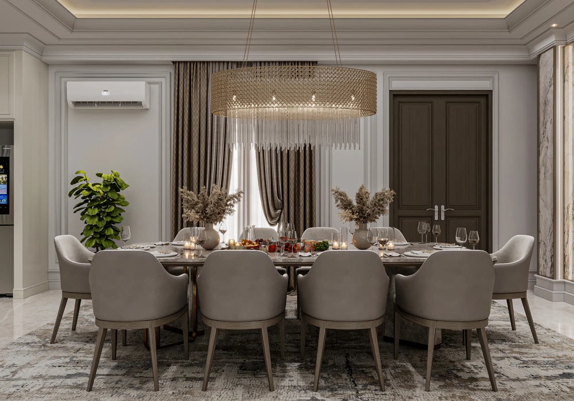 Family Residence: A broad drum pendant with clear hanging rods spans the veined dining table, surrounded by upholstered chairs and layered curtains.
