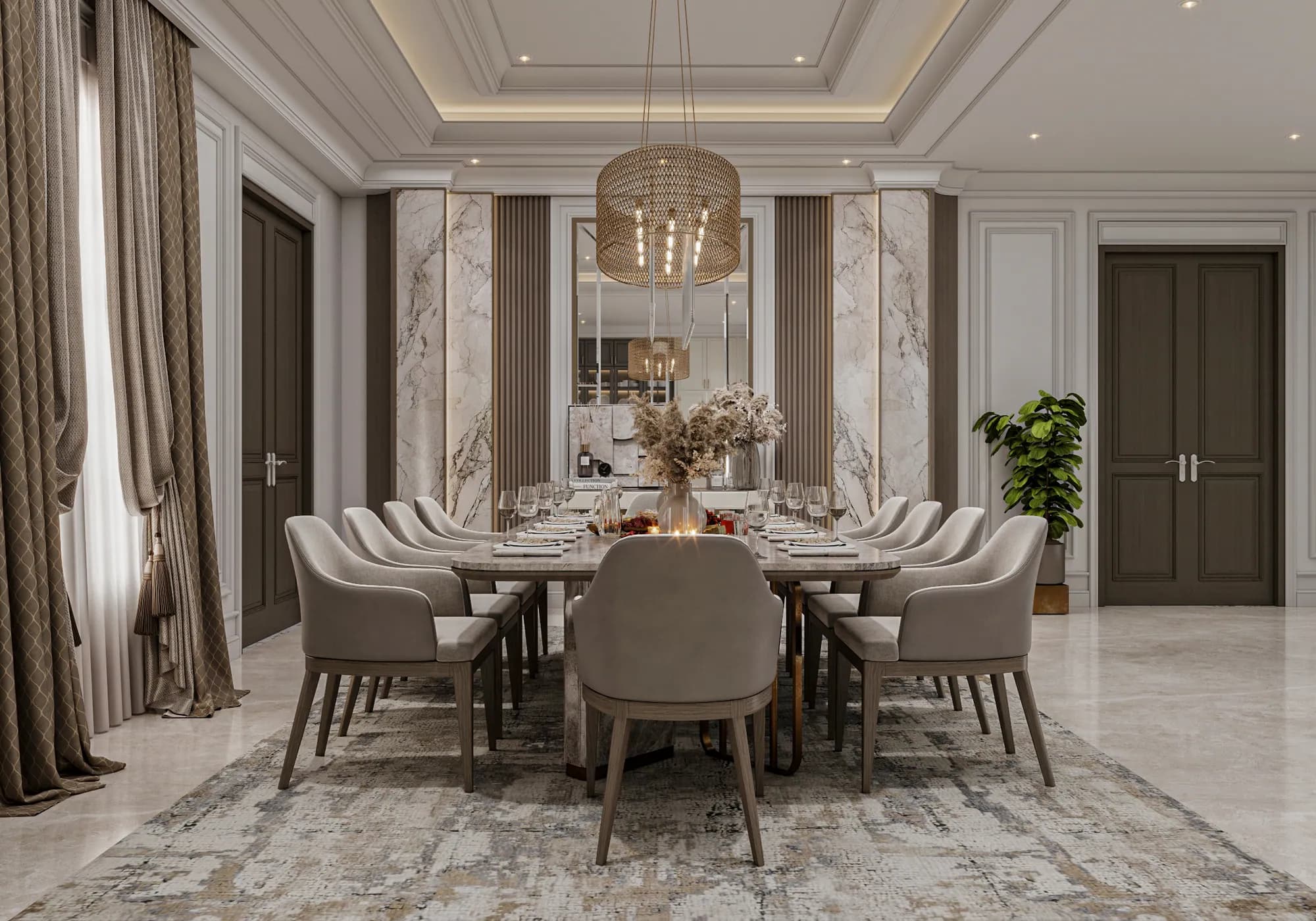 Family Residence: The dining-room axis ends at a tall mirror and console framed by veined vertical panels and wood-toned fluting.