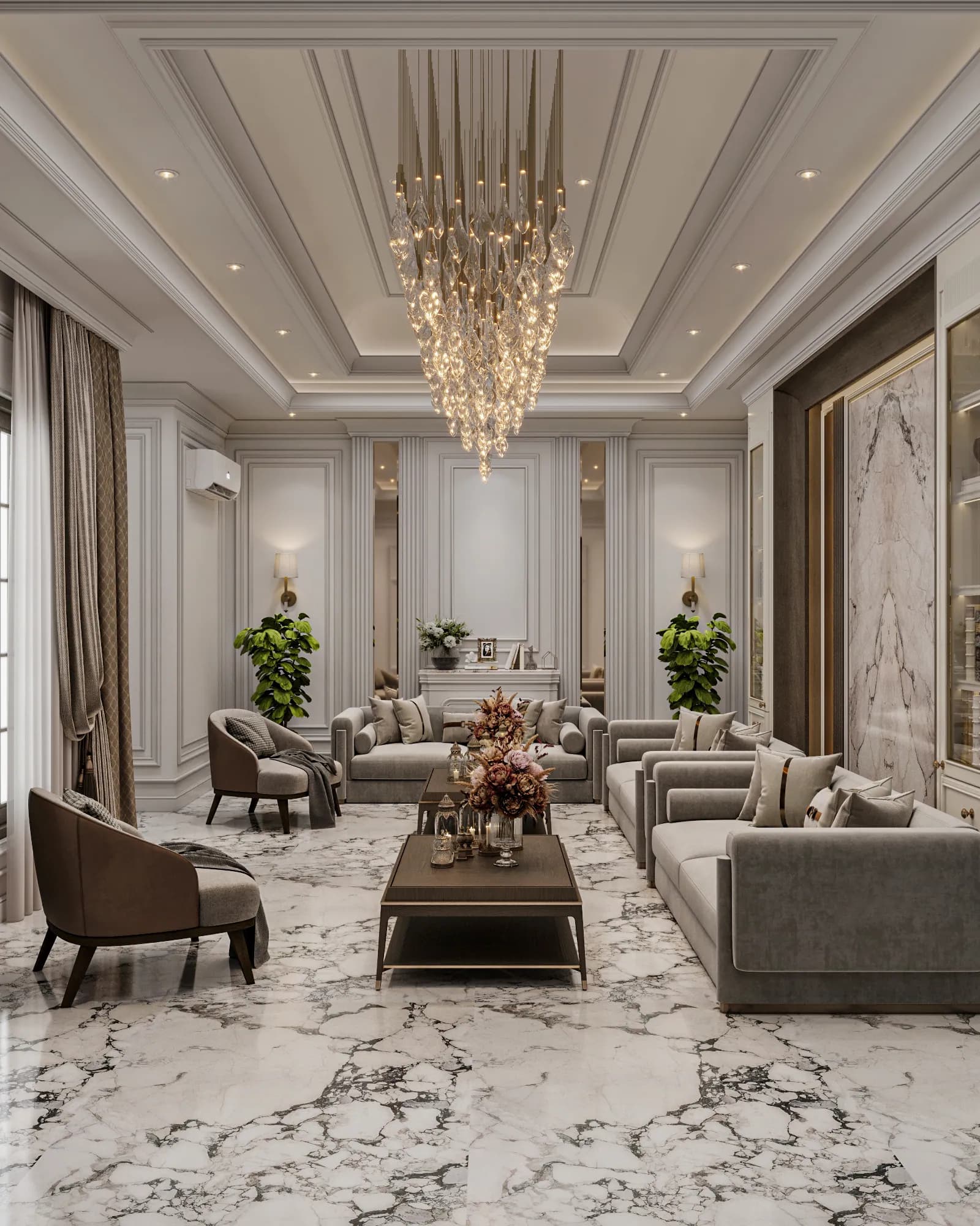 Family Residence: An elongated pendant follows the formal sitting room's central tables, with sofas and armchairs arranged along pale moulded walls.