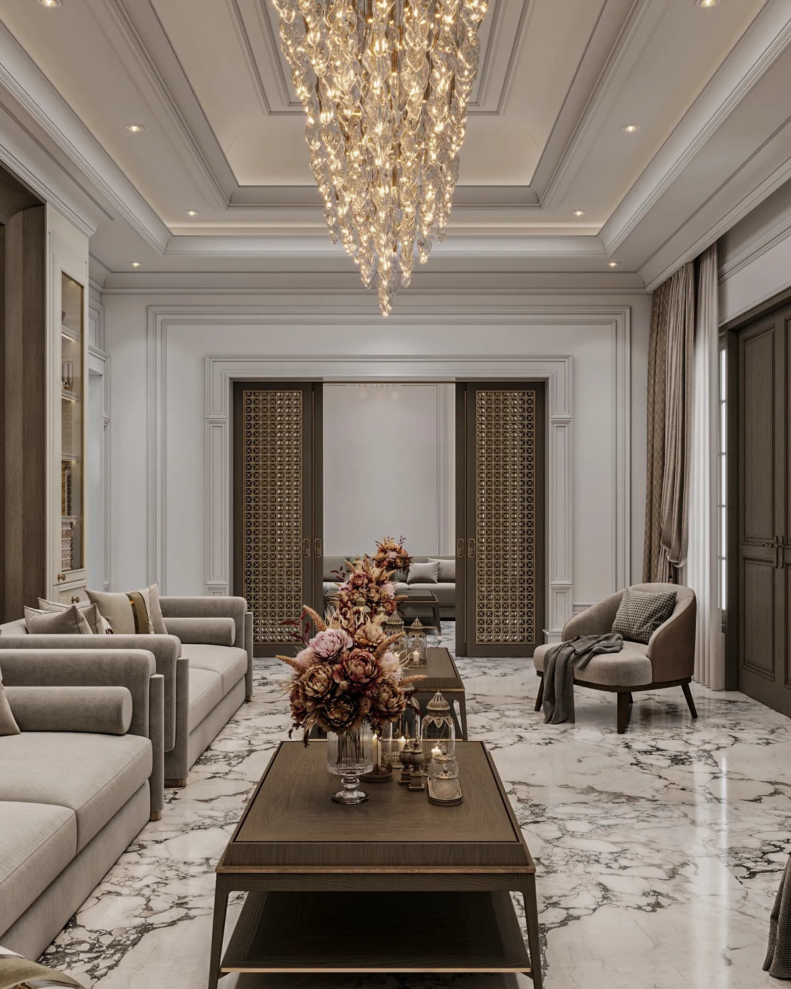 Family Residence: Decorative lattice door panels connect the long sitting room to a smaller seating area, with repeated coffee tables continuing the axis.