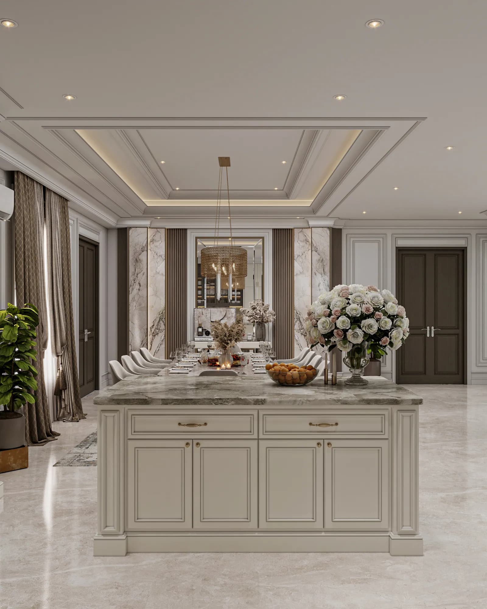 Family Residence: The kitchen island's drawers and framed doors face the dining table, keeping both furniture groups on the same open axis.