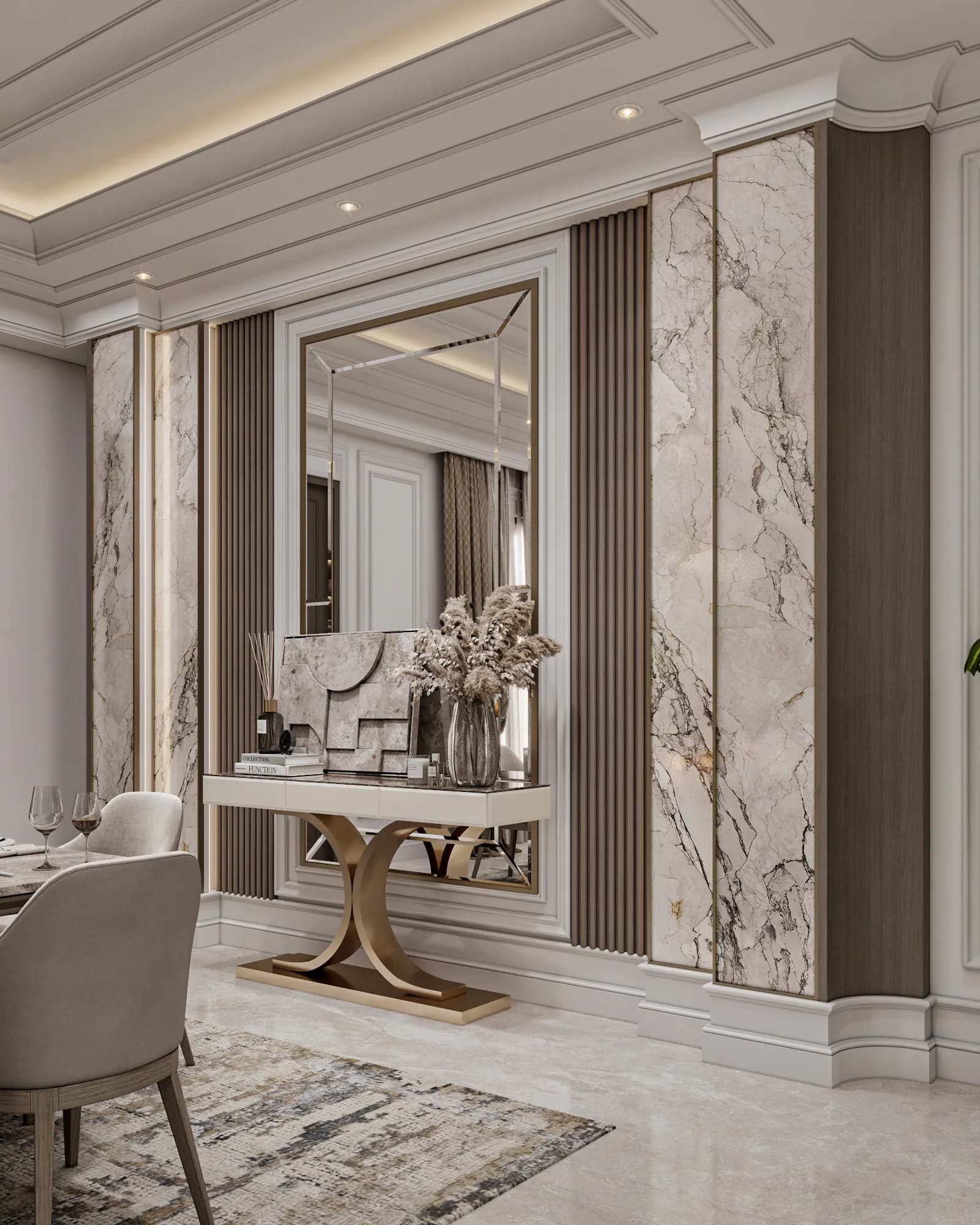 Family Residence: A console with intersecting metallic-toned legs sits below a bevelled mirror between wood-toned fluting and pale veined wall panels.