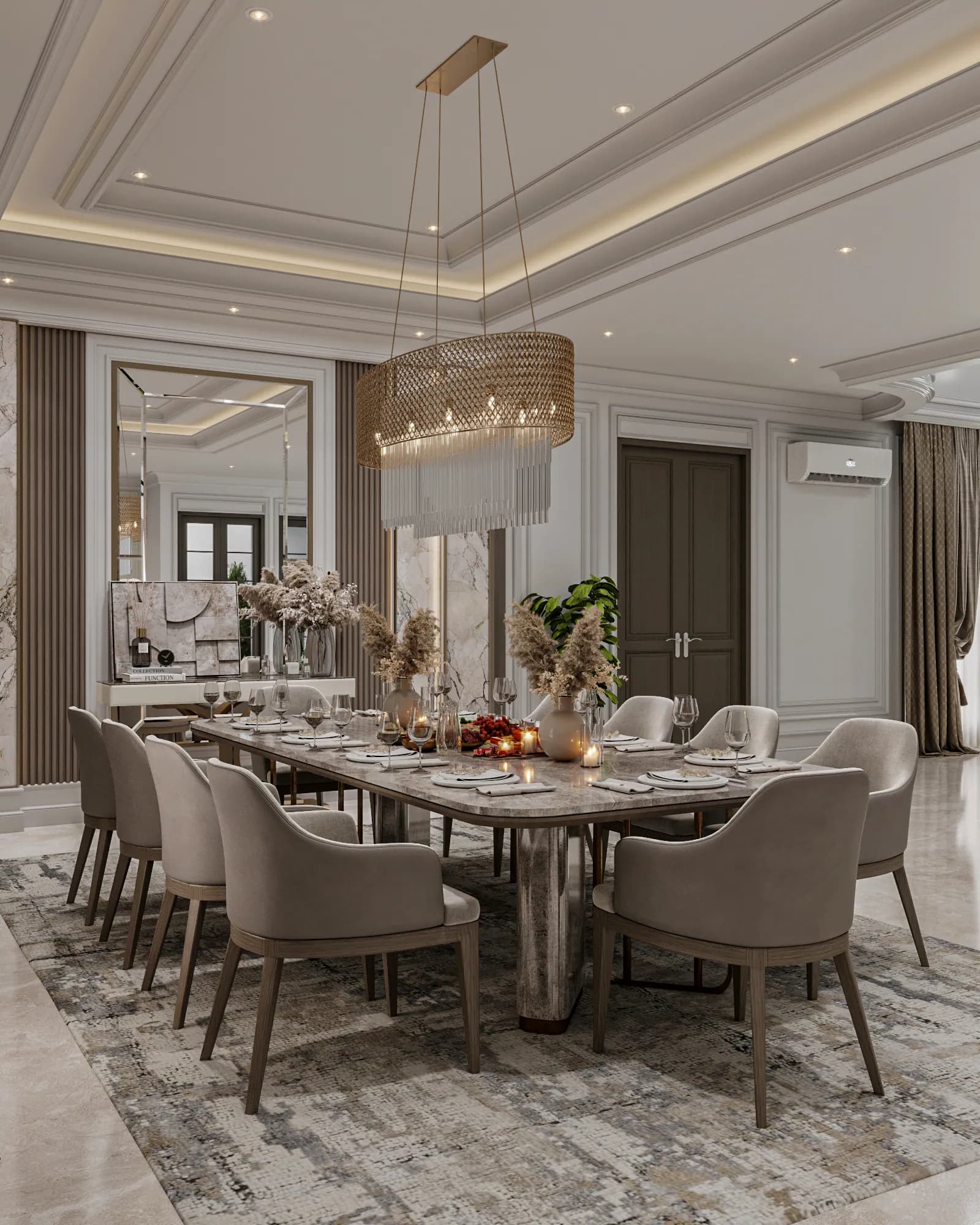 Family Residence: The dining table's rounded corners and veined supports are visible among upholstered chairs beneath the suspended drum light.