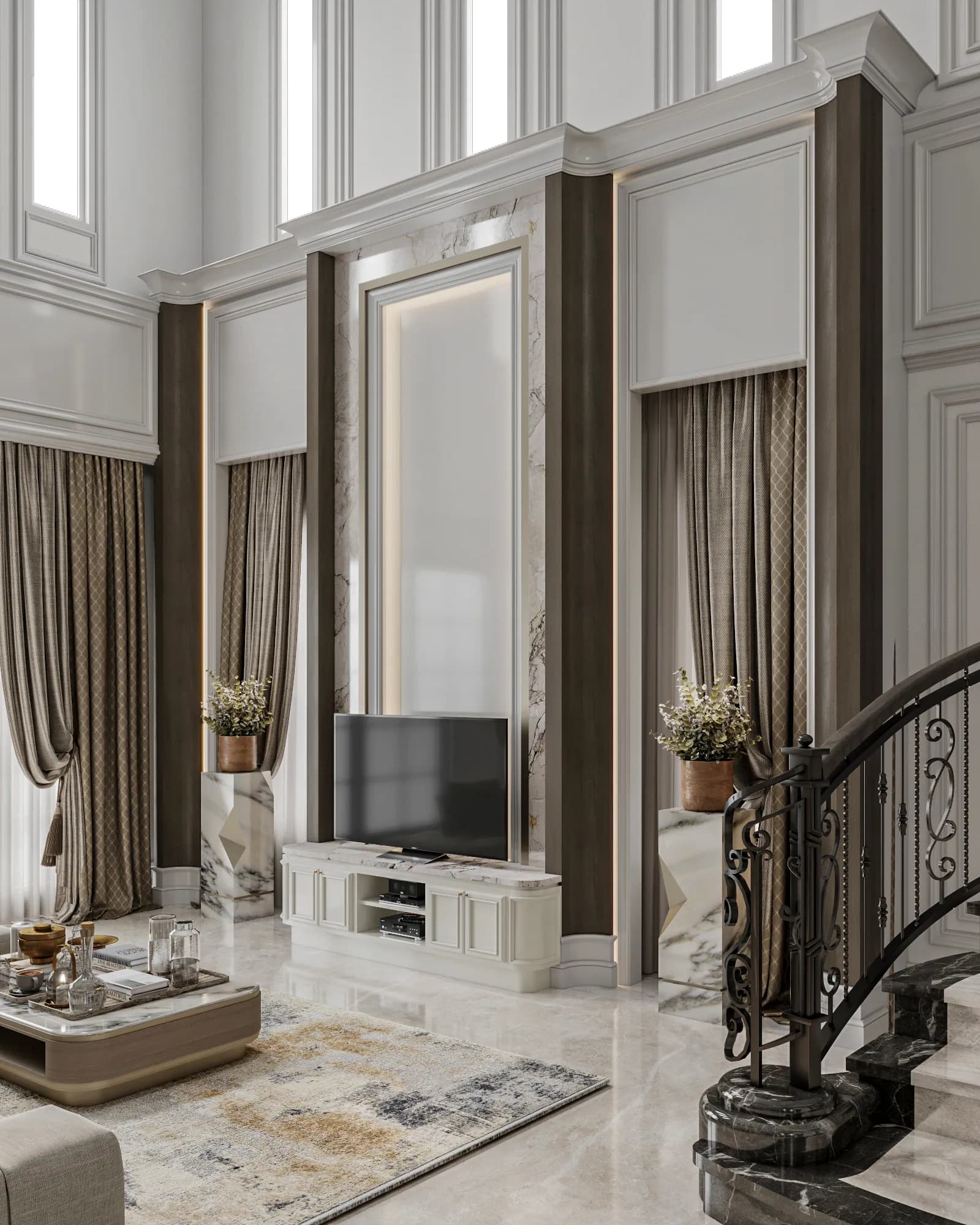 Family Residence: The television wall rises toward the upper windows, with a pale media cabinet, framed backlighting and matching planted pedestals.