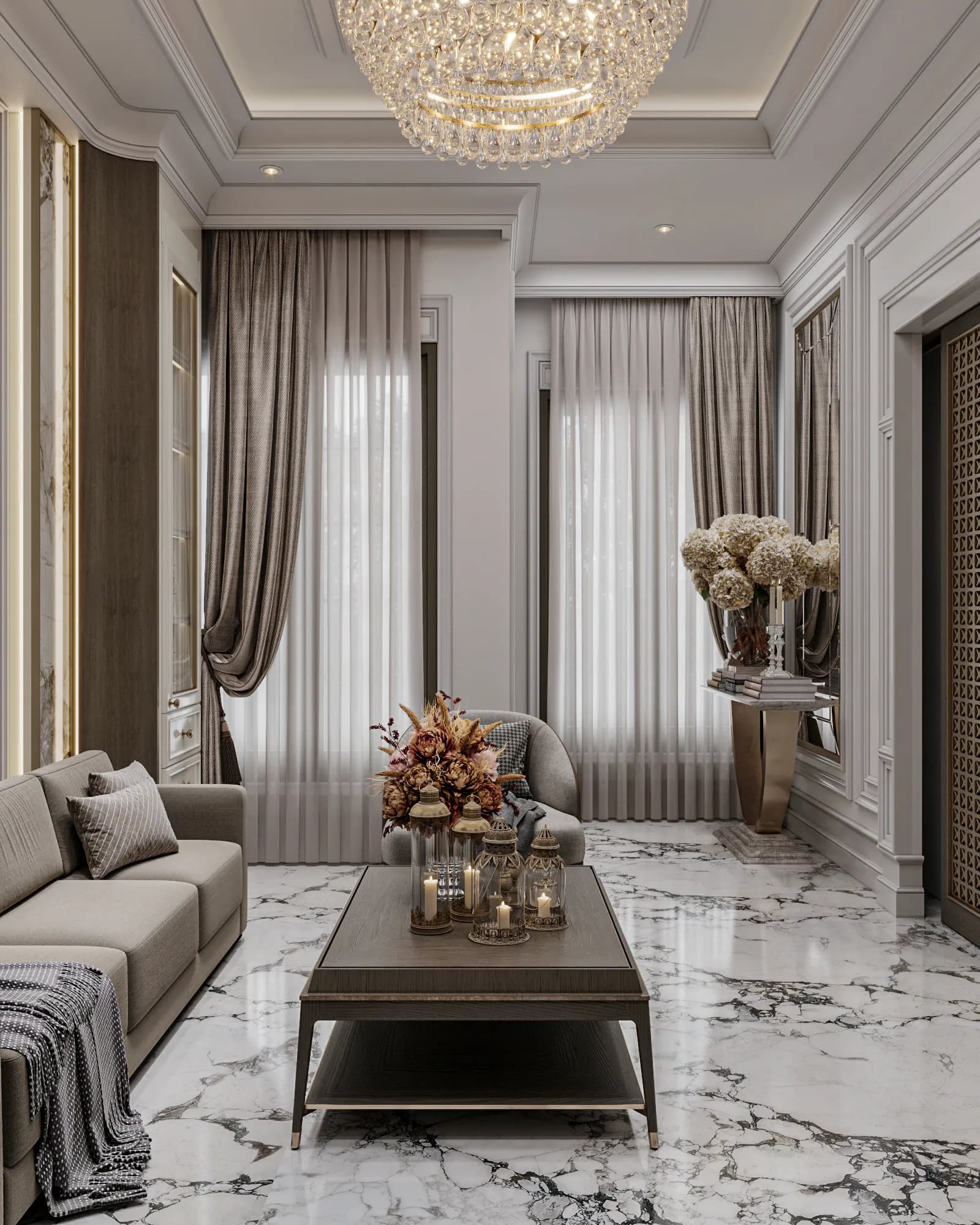 Family Residence: Layered curtains frame the sitting room's tall windows, beside a sofa, armchair and narrow console displaying flowers.
