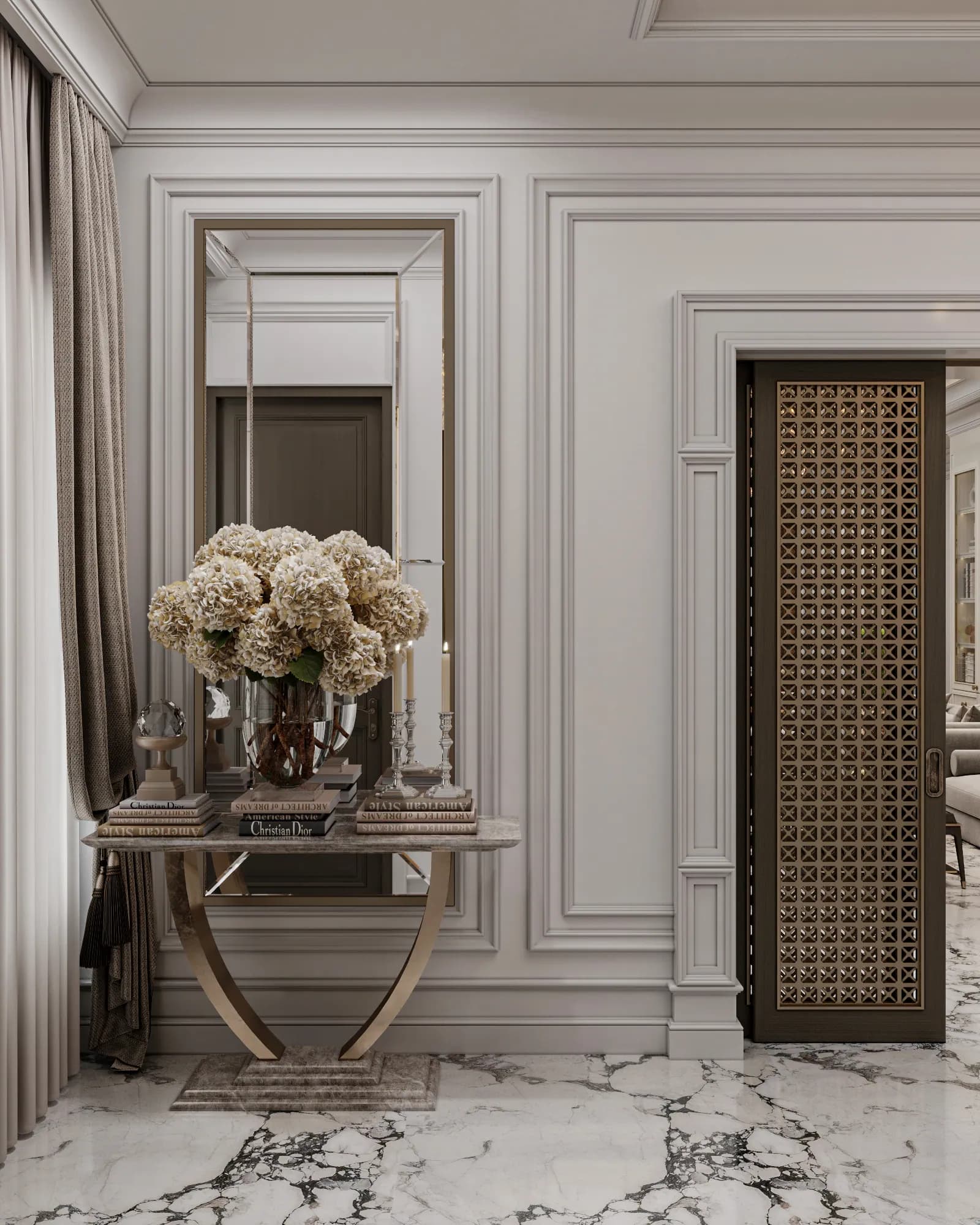 Family Residence: Curved metallic legs support a slim console beneath a tall mirror, beside a doorway with a geometric lattice panel.