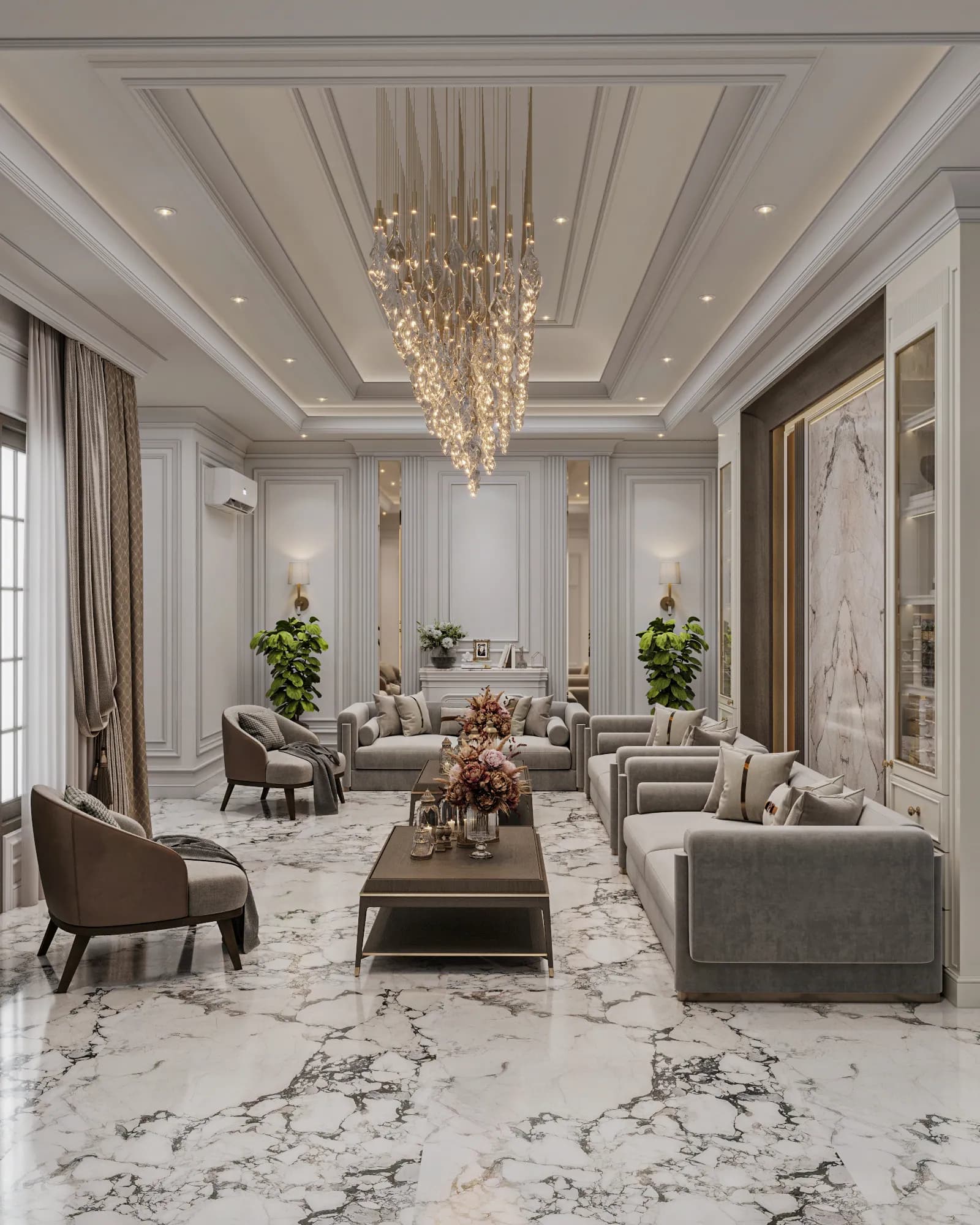 Family Residence: Sofas and armchairs form repeated seating groups along the formal living room, facing a large veined wall panel and display cabinets.
