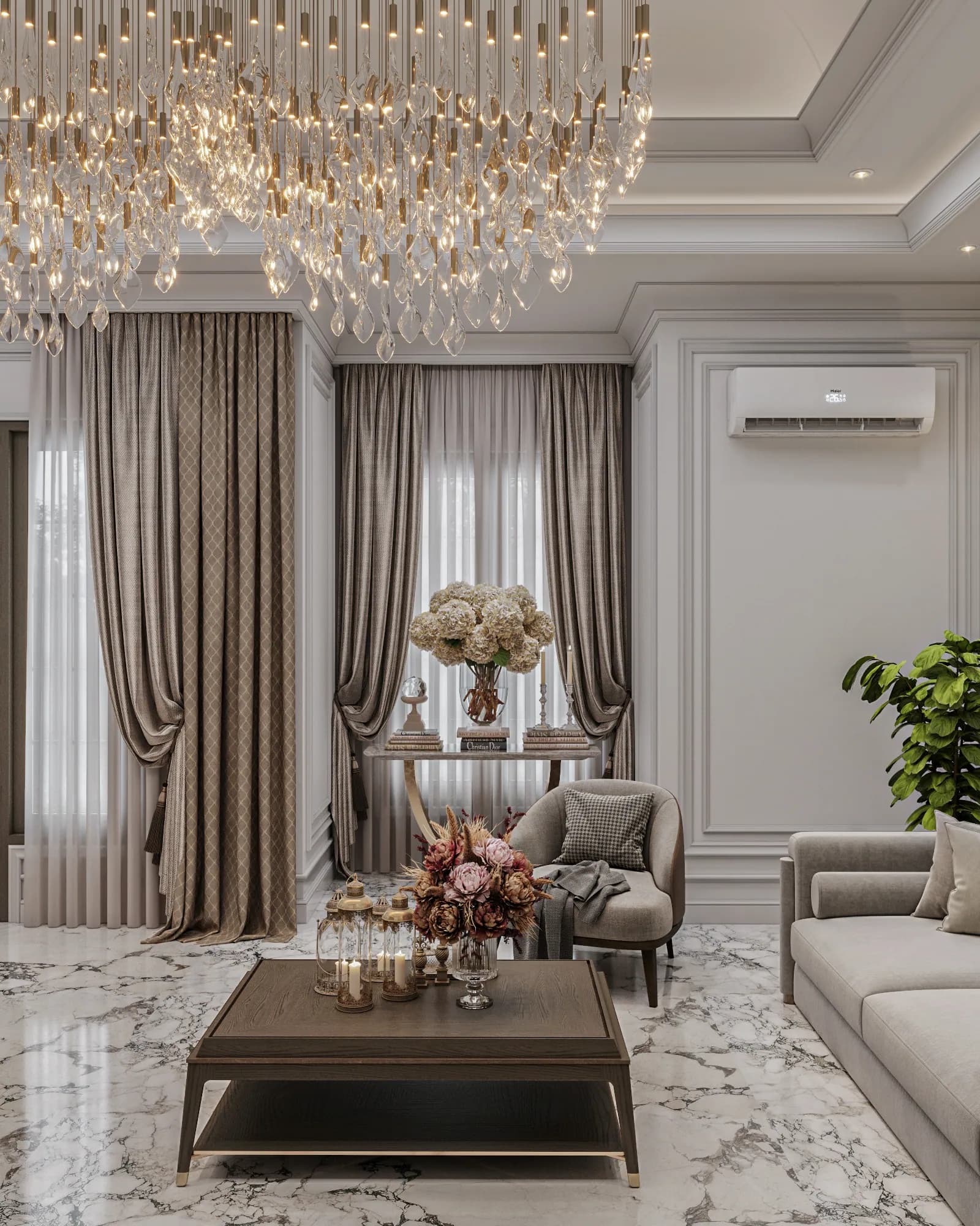 Family Residence: A window-side armchair sits between the coffee table and a floral console, beneath clear pendant drops and patterned curtains.