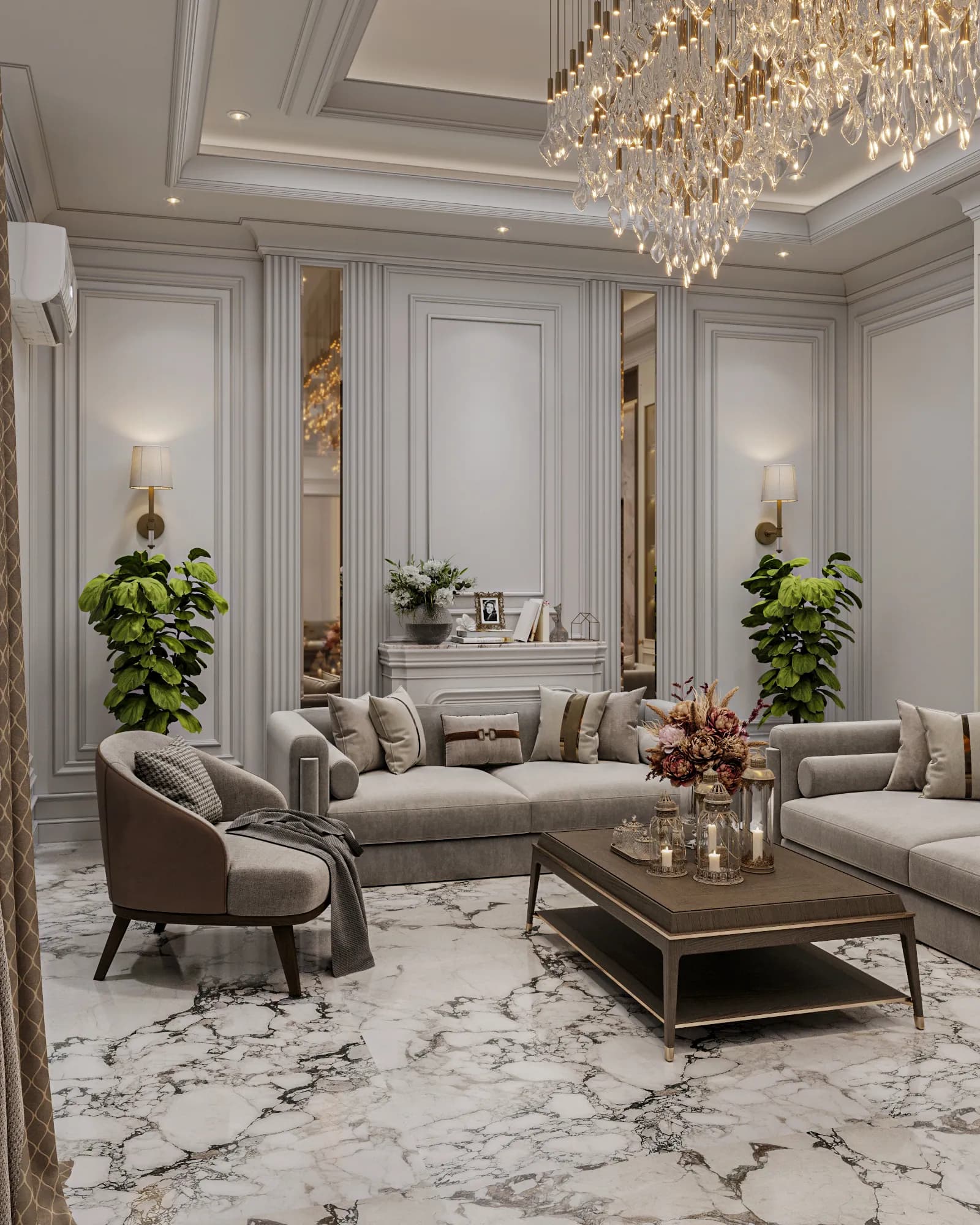 Family Residence: Narrow mirrors and fluted pilasters frame the console behind the sofa, with paired wall lights and plants completing the symmetrical wall.