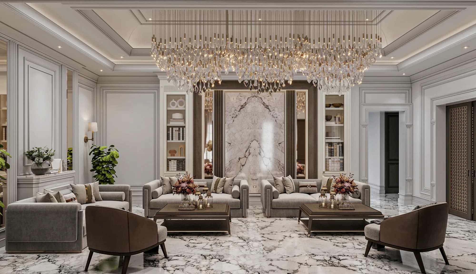 Family Residence: Two seating groups sit beneath an elongated chandelier, against a veined feature wall flanked by mirrors and glass-front display cabinets.