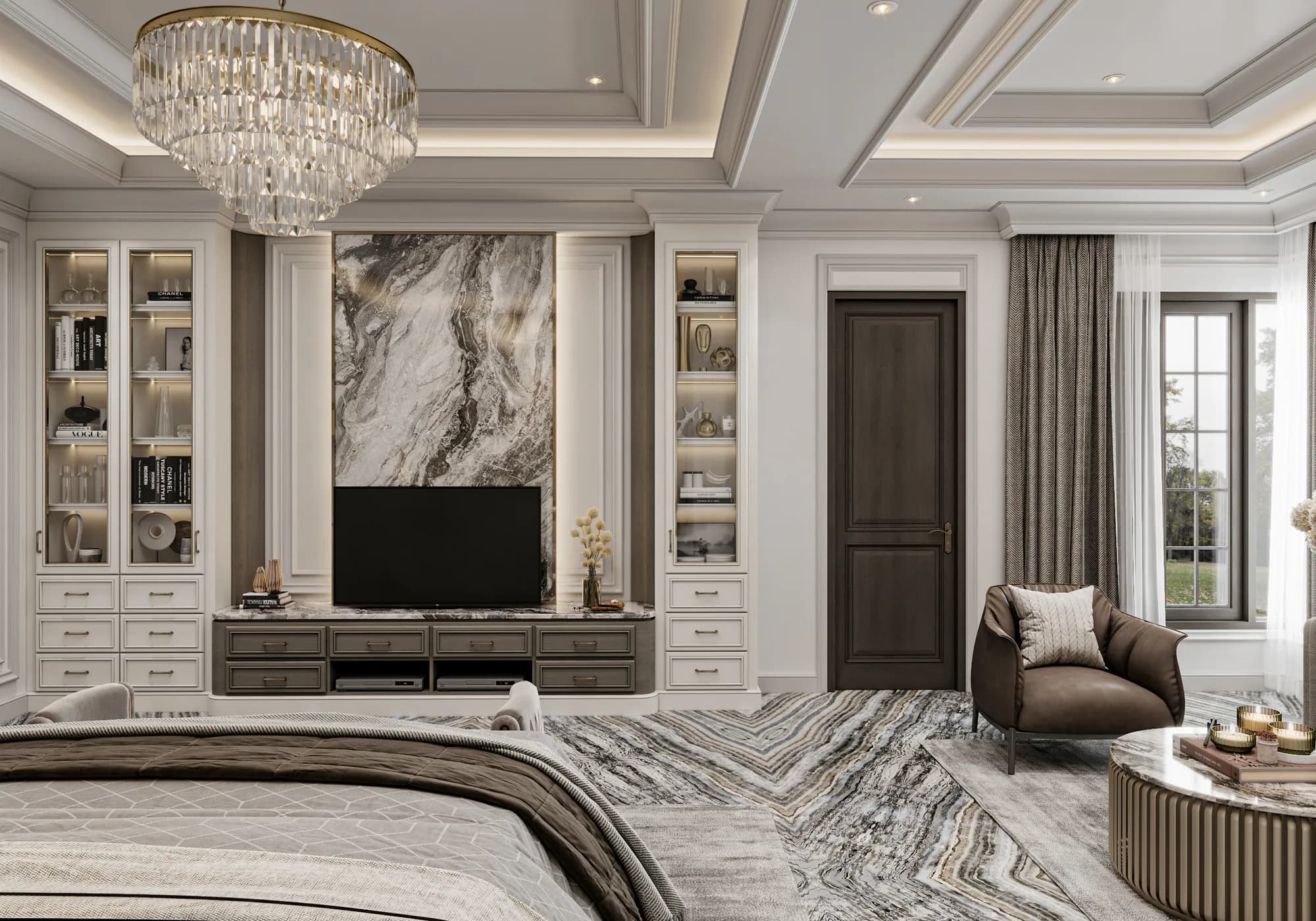 Family Residence: Seen from the bed, the television sits against a tall veined panel beside illuminated display cabinets and a window-side armchair.