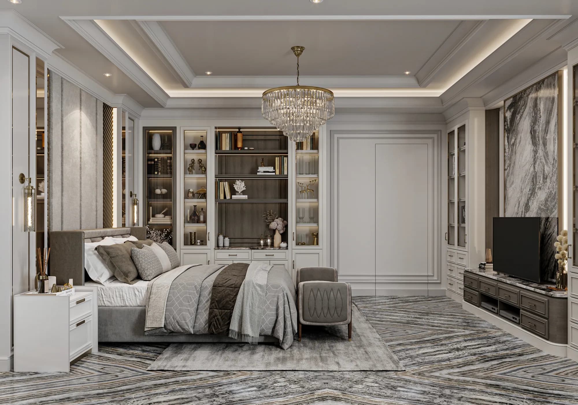 Family Residence: The upholstered bed faces a low television cabinet, with illuminated bookshelves and display niches along the adjoining wall.