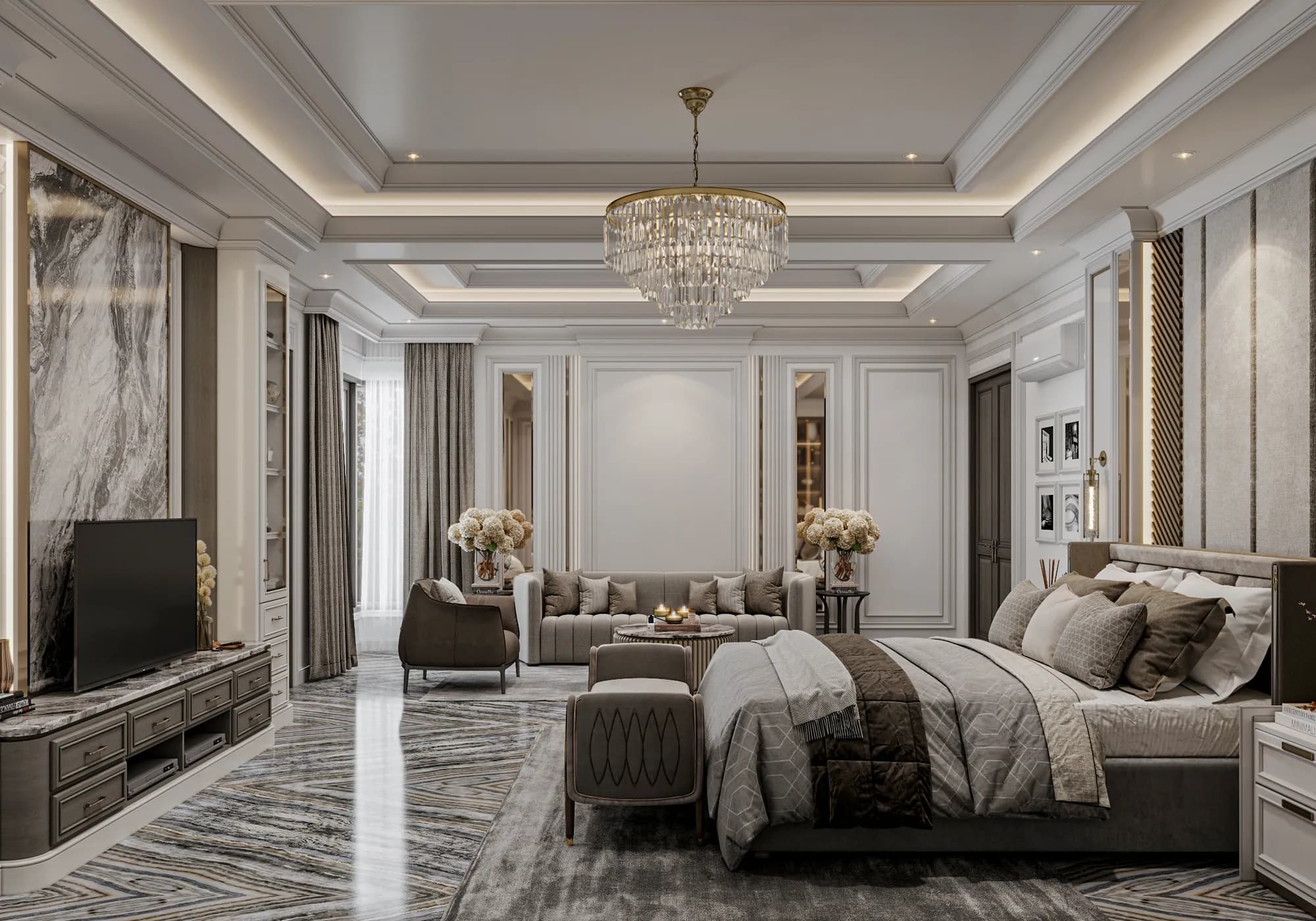 Family Residence: The master bedroom connects the bed and foot-end bench to a sofa corner, with a clear aisle beside the television cabinet.