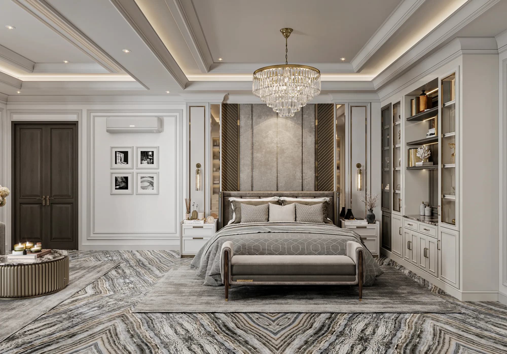 Family Residence: A tall headboard feature combines padded panels, diagonal fluting and narrow mirrors, with matching bedside drawers beneath a tiered chandelier.