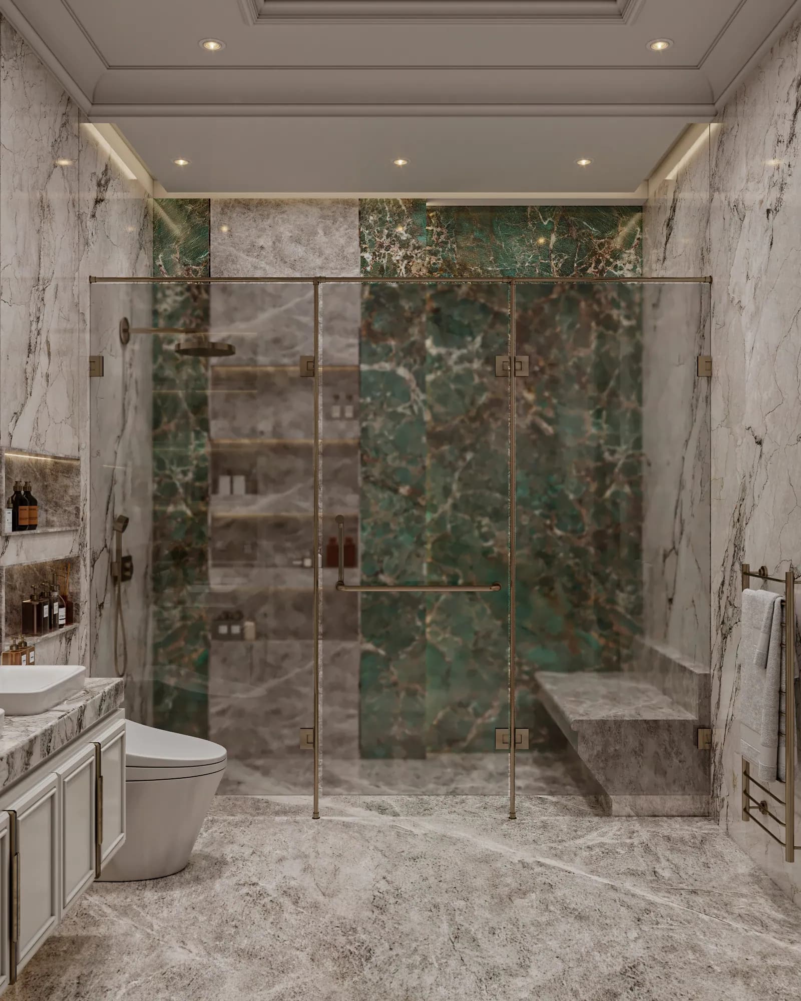 Family Residence: A glass-enclosed shower features green veined wall panels and a built-in bench, beside a pale vanity, toilet and towel rail.