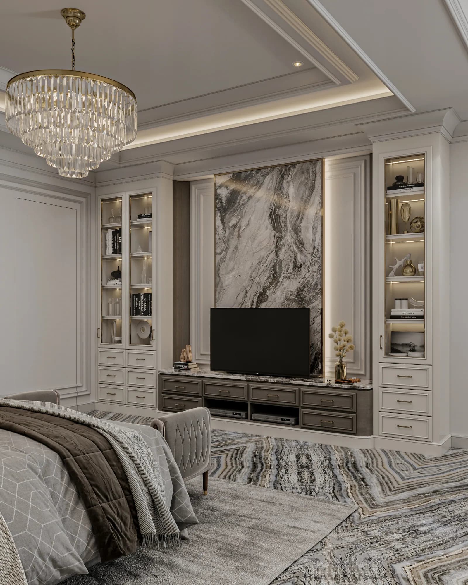 Family Residence: Illuminated glass-front cabinets flank the bedroom's veined television panel, above a curved-edged base cabinet with drawers and open equipment shelves.