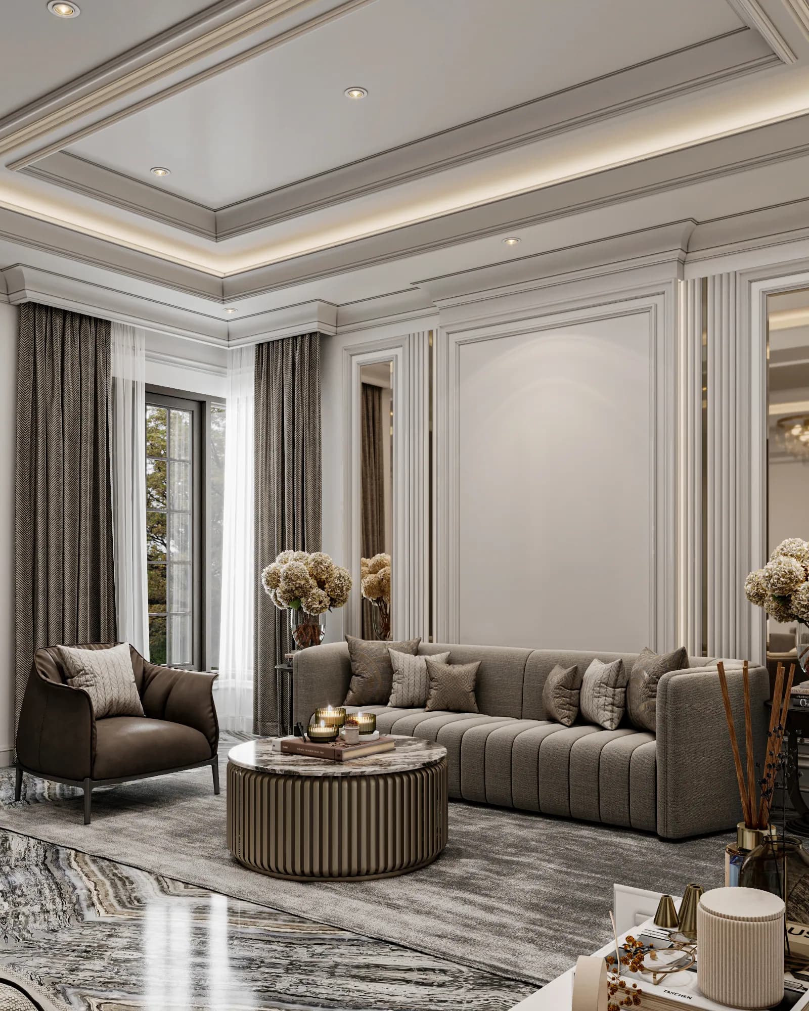 Family Residence: The bedroom's sofa corner sits on a rectangular rug beside tall curtained windows, with a round ribbed coffee table and a dark curved armchair.