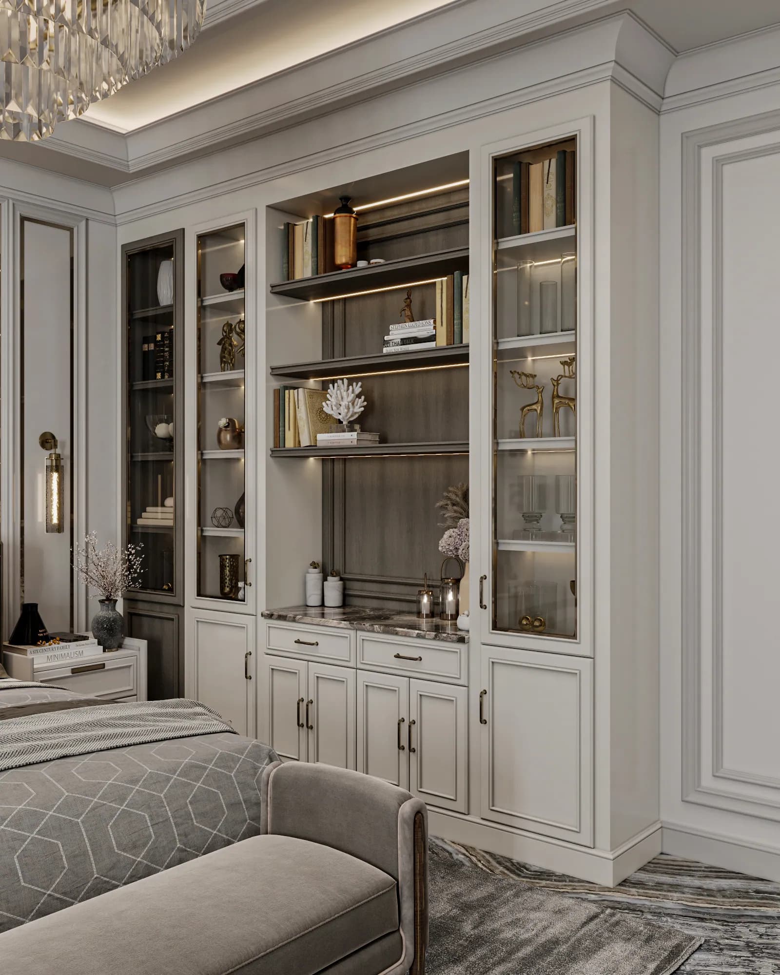 Family Residence: The bedroom storage wall combines open illuminated bookshelves, glass-front display cabinets and closed cupboards beneath a veined counter.