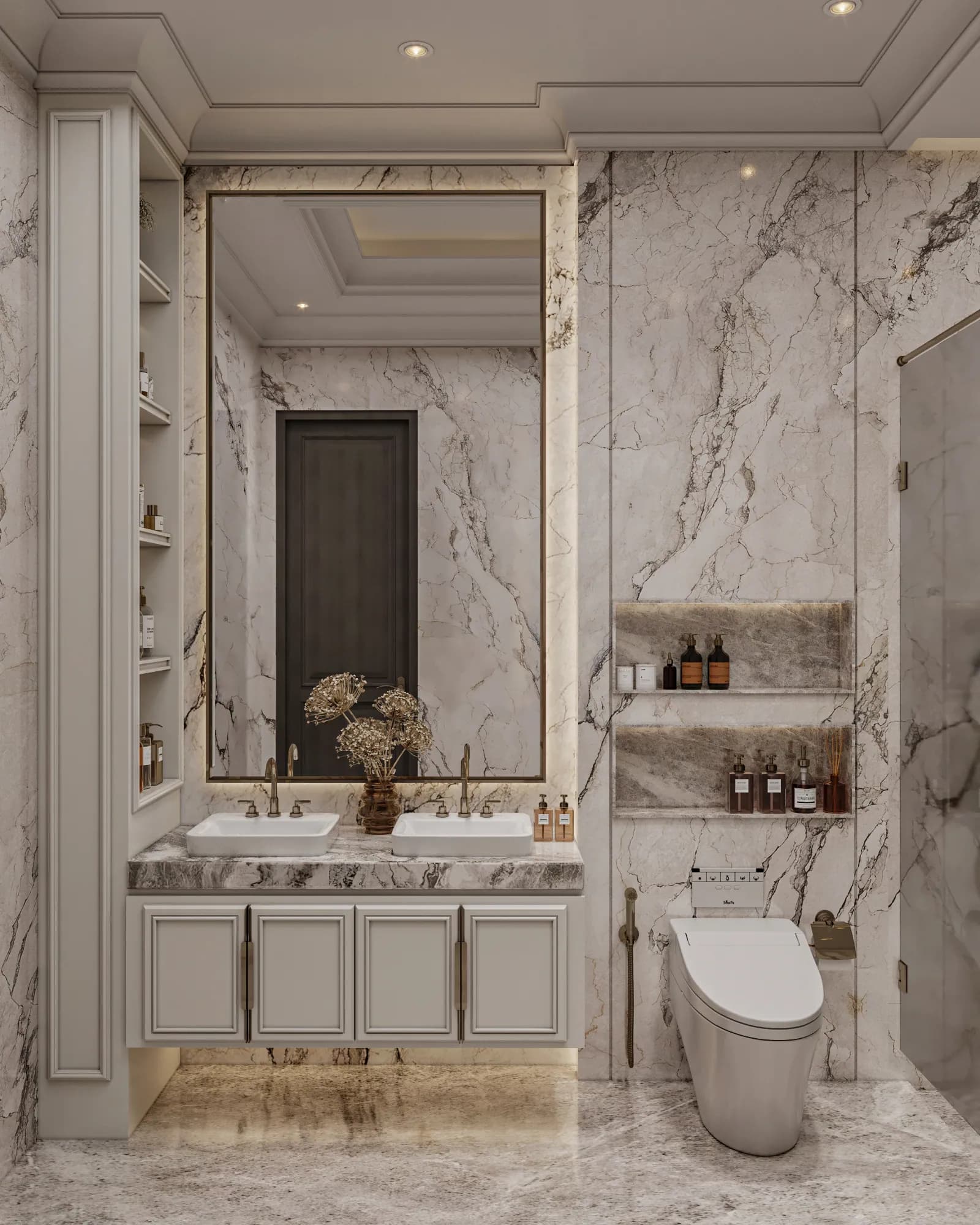 Family Residence: Two countertop basins sit beneath a tall backlit mirror, with a floating panelled vanity and illuminated storage niches above the toilet.